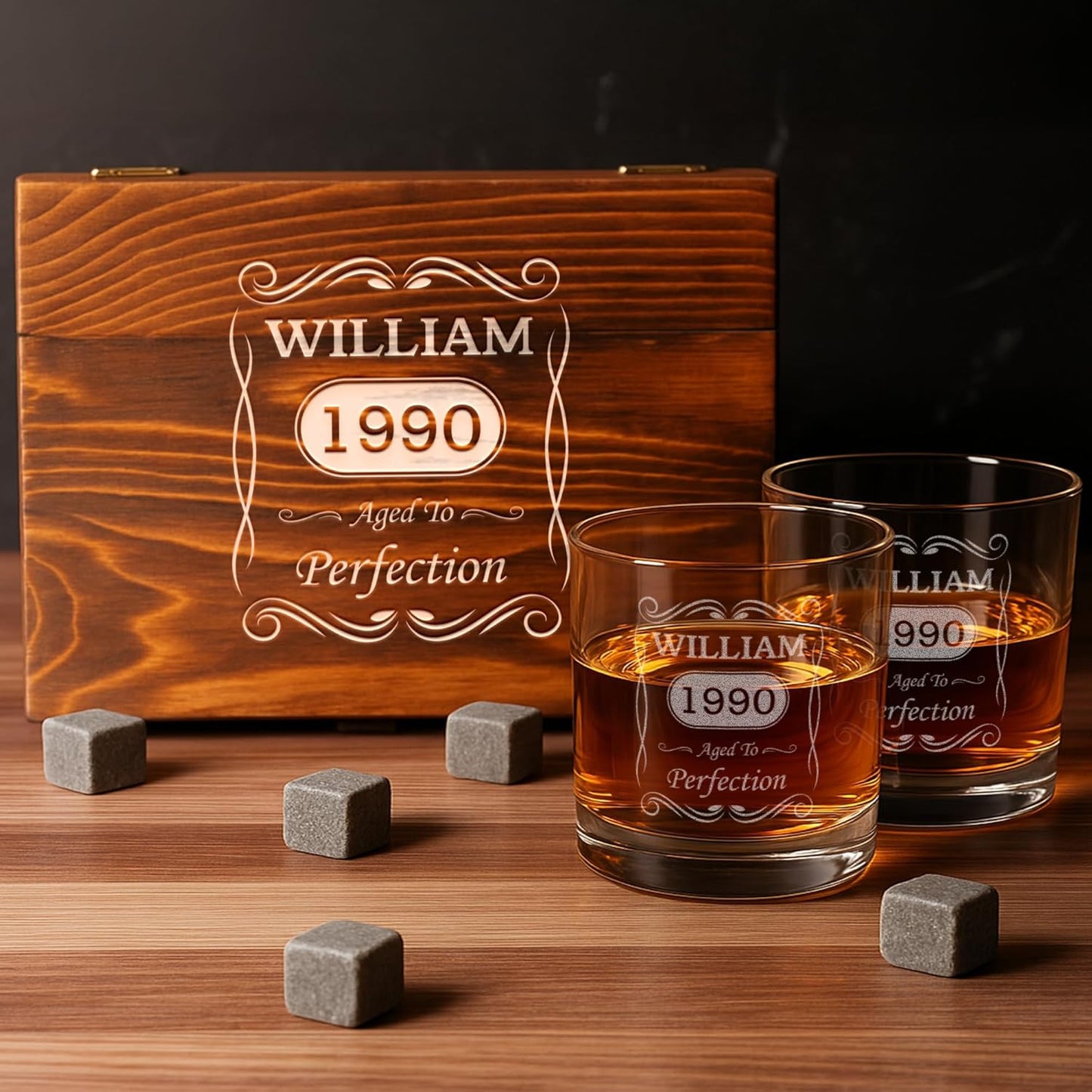 Personalized Vintage Birthday Whiskey Gifts for Men - 11 oz Engraved Bourbon Glass - Set of 2 Vintage Whiskey Cup in Wooden Box - 4 Designs Custom Scotch Glass Gift For Him (Vintage)