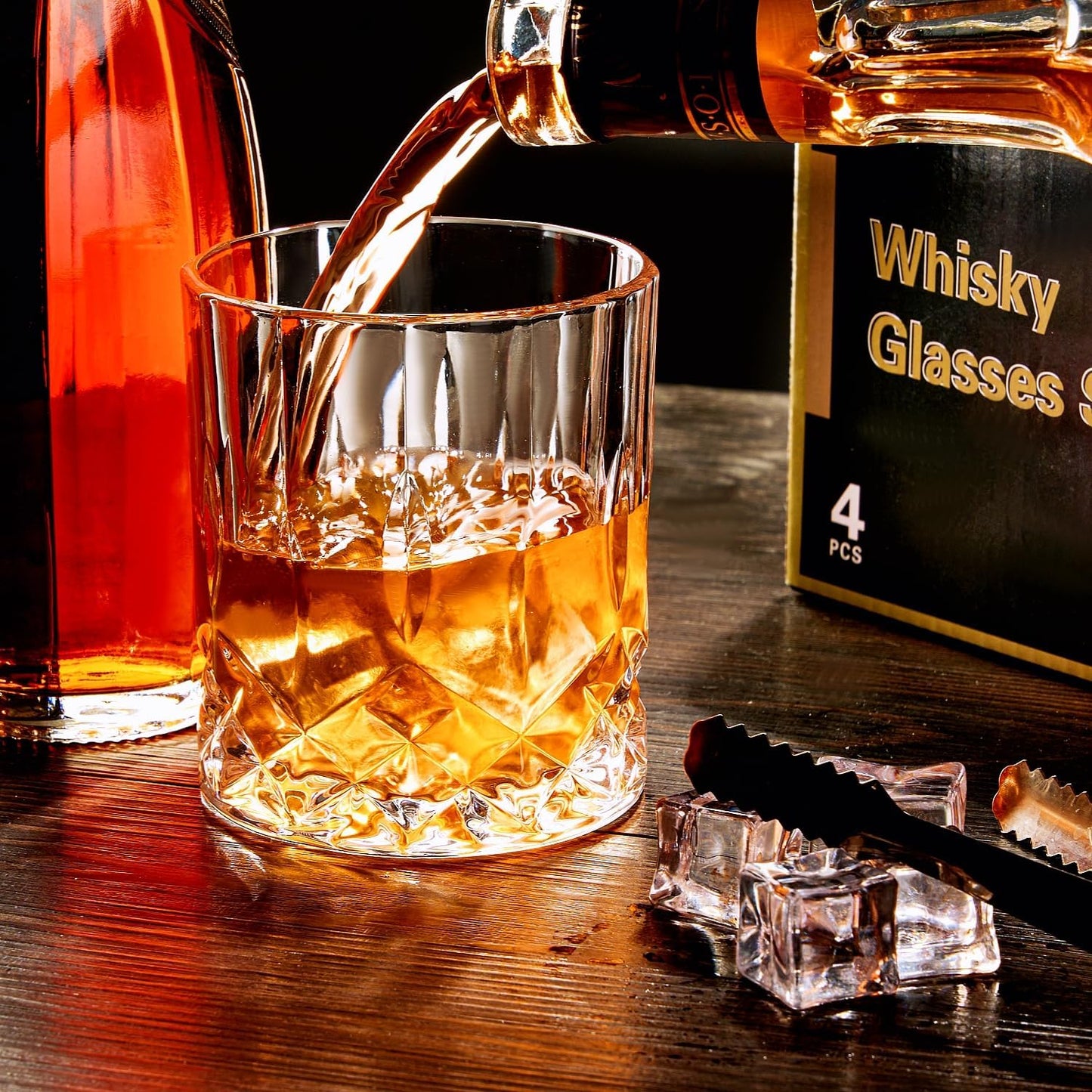 GLASKEY Whiskey Glasses Set of 4,Rock Glasses,11 oz Lead-Free Crystal Bourbon Glass,Old Fashioned Glass for Bourbon,Cognac,Irish Whisky,Personalised Whisky Glass Gift Set for Men,Dad,Brother