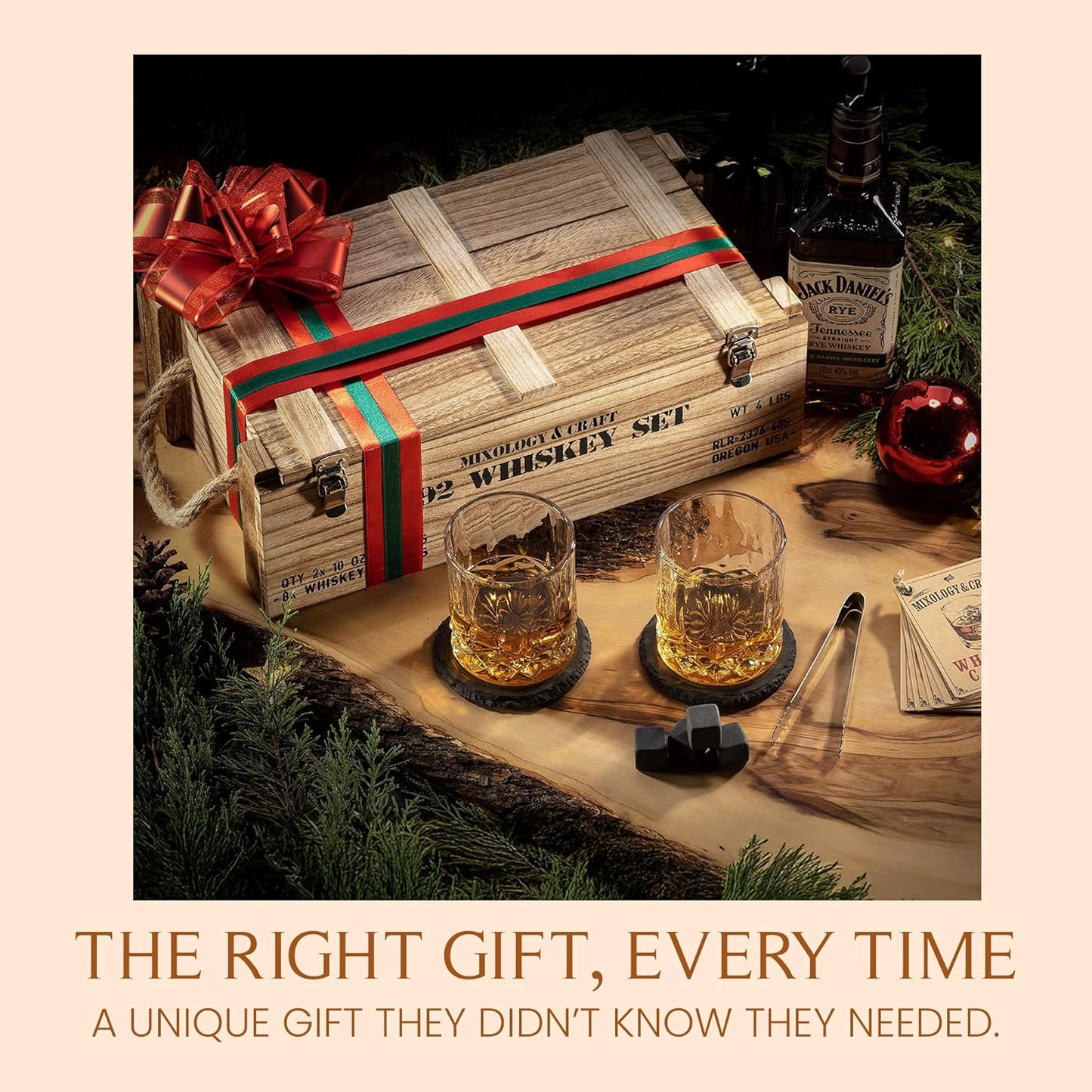 Mixology & Craft Whiskey Gift Set - Includes 2 Lead-Free Crystal Glasses, 8 Granite Chilling Stones, 2 Slate Coasters, Metal Tongs & Recipe Cards with a Wooden Army Crate Box