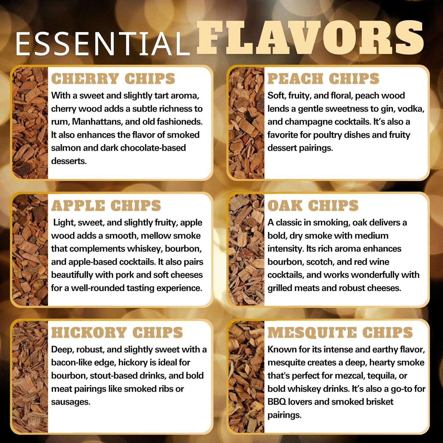 12 Wood chips for Cocktail Smoker/Smoke Gun| Woodchips for Smoking Whiskey/Bourbon/Old Fashioned| Cherry, Apple, Oak, Hickory, Cinnamon, Ginger, Orange Peel, Cloves, Alder, Peach, Rosemary, Mesquite