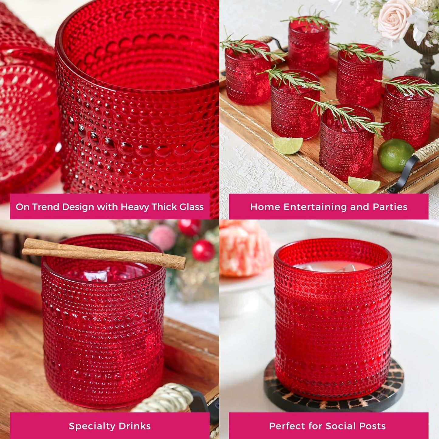 Kate Aspen Retro Arch Floral Red Drinking Glasses Set of 6, 10 oz Vintage Ribbed Glass Cups, Christmas Glassware & Holiday Drinkware, Valentine’s Day & Holiday Hostess Gift
