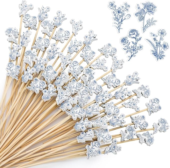 Bokon 200 Pcs Tea Party Theme Cocktail Picks Bamboo Teapot Toothpick - Vintage Flower / Blue