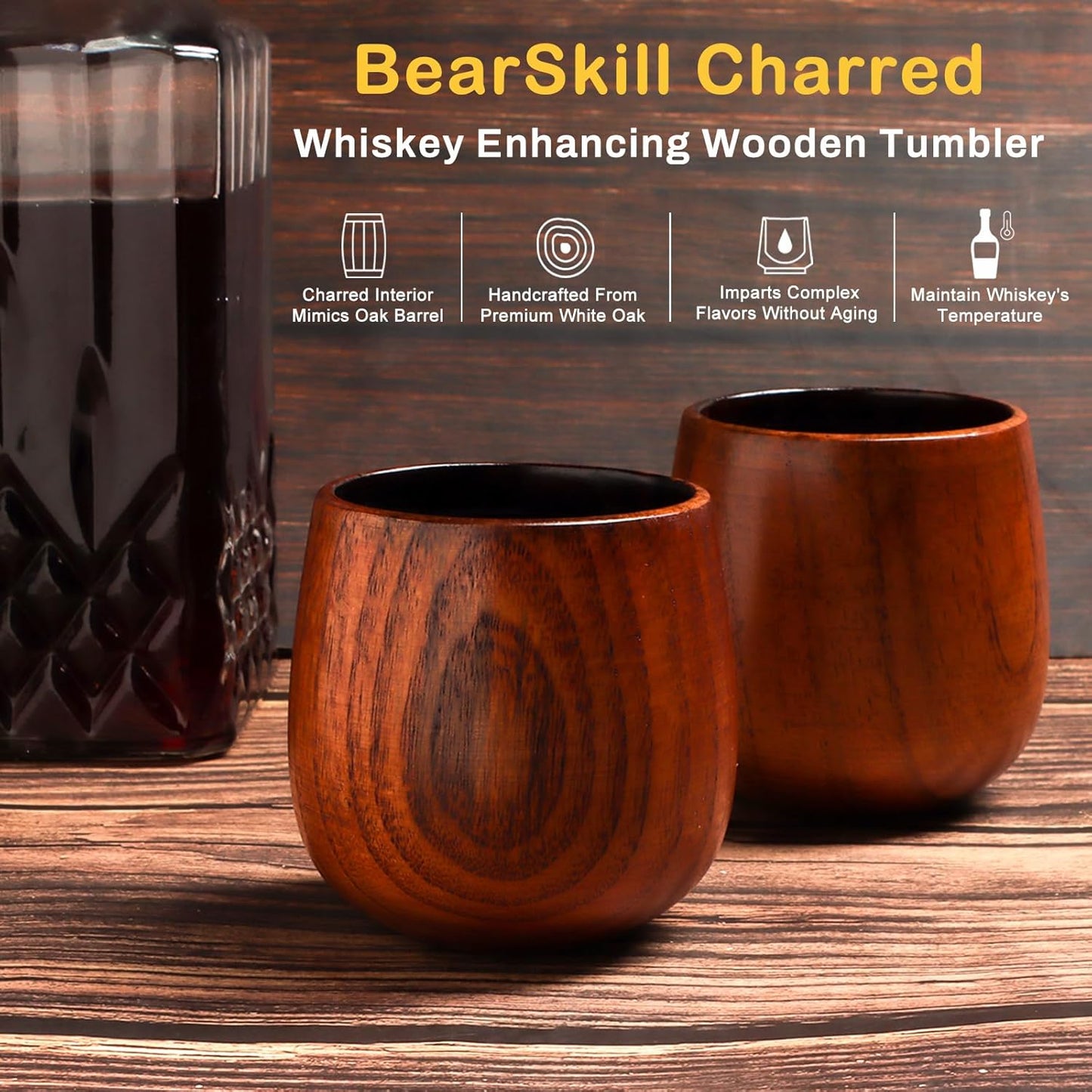 BearSkill Charred Wooden Bourbon Drinking Glass, Whiskey Tumbler, Bourbon Gifts for Men - Wooden Old Fashioned Glass | Great Whiskey Gifts for Men