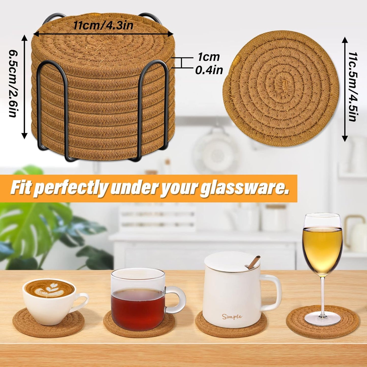 Mckanti 8 Pcs Drink Coasters with Holder, Absorbent Coasters for Drinks, Minimalist Cotton Woven Coaster Set for Home Decor Tabletop Protection Suitable for Kinds of Cups, 4.3 Inches.