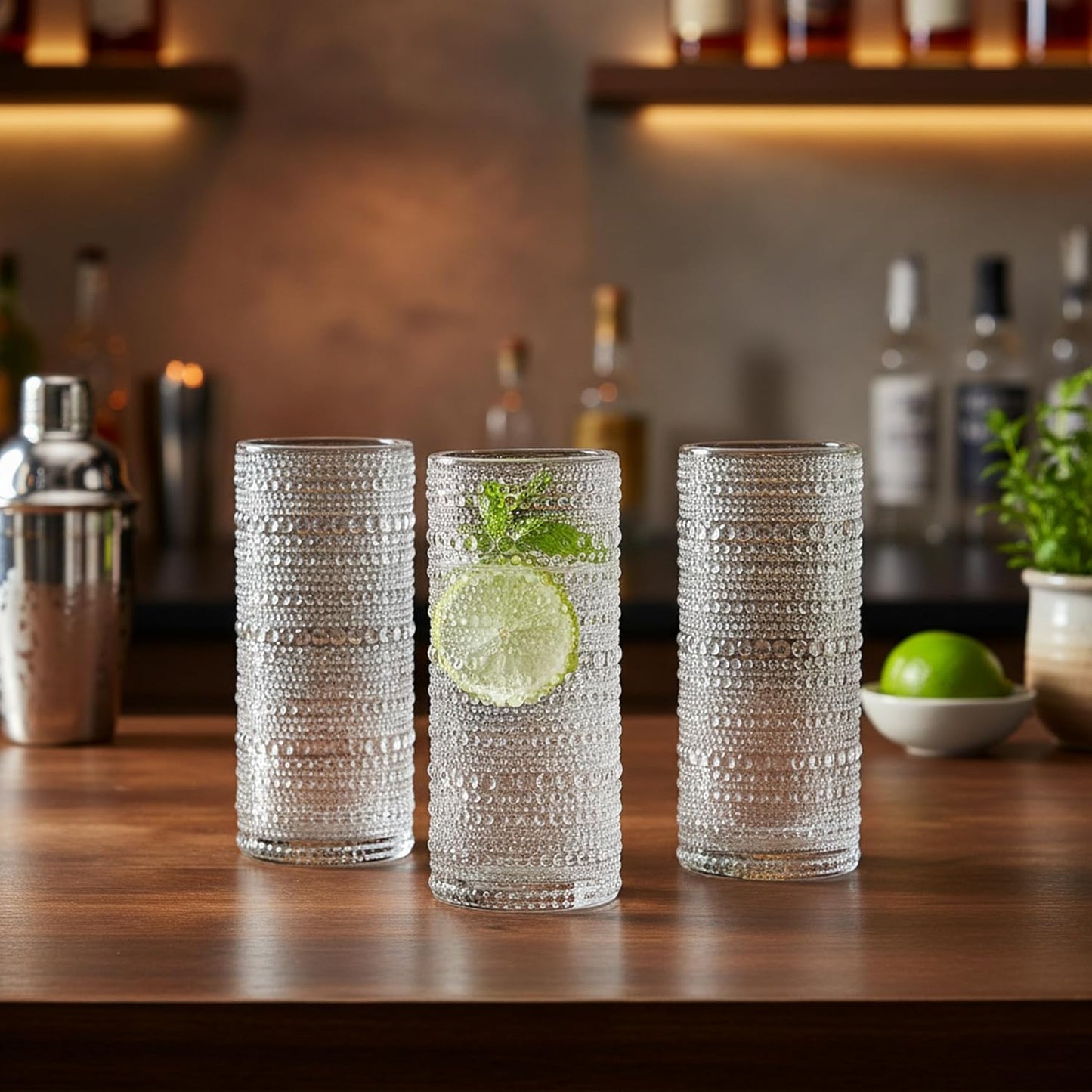 Glaver's Highball Drinking Glasses, 10.82 oz Sleek Hobnail Textured Glassware Modern Tall Tumblers set of 4 Iced Coffee Glasses, Highball Cocktail Set, Dishwasher Safe, Housewarming Gift Set