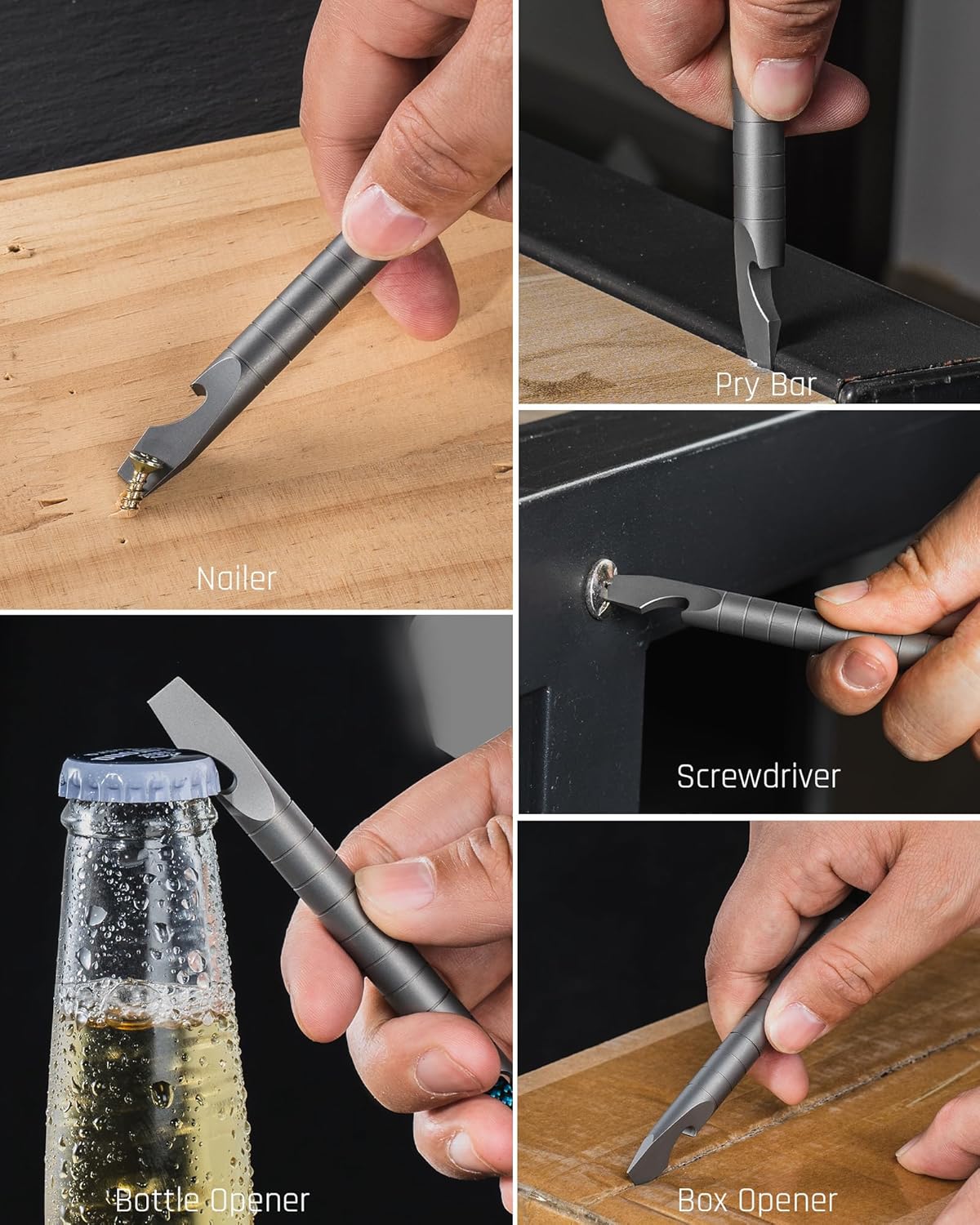 TISUR Titanium EDC Pry Bar, Keychain Prybar Multitool With Beer Bottle Opener, 6 in 1 Portable Pocket Mini Crowbar Tool (Gray)