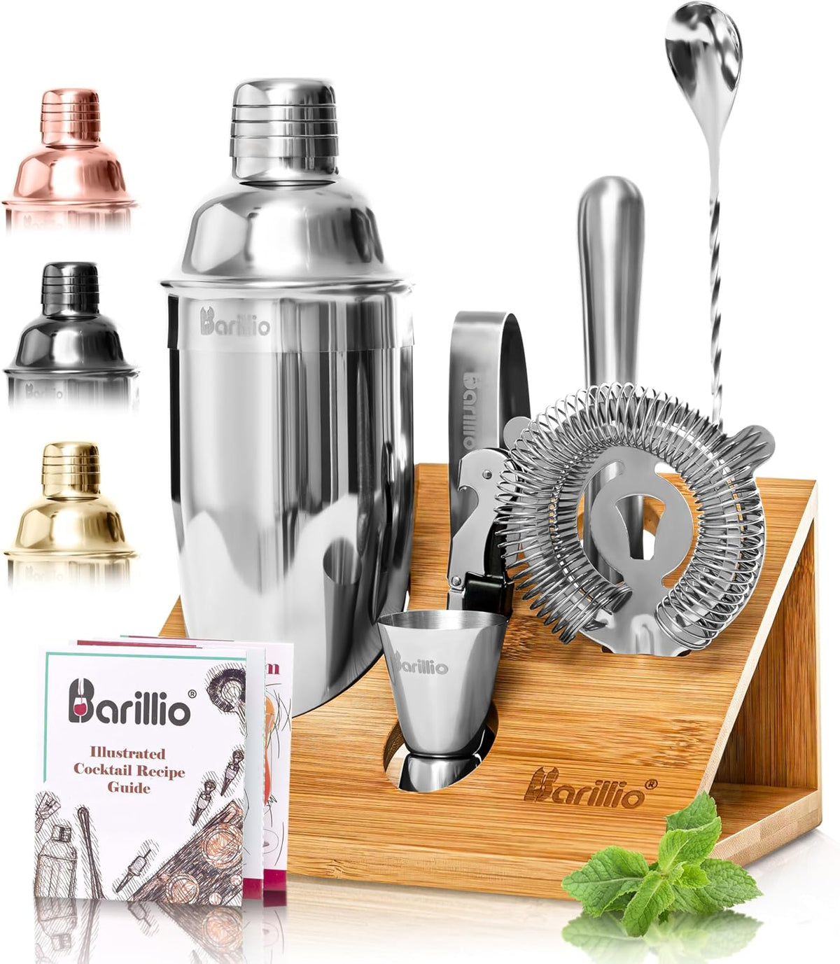 Barillio Bartender Kit - Stainless-Steel Cocktail Shaker Set with Bamboo Stand - Mixology Bar Tools w/Shaker, Drink Mixer Spoon & Muddler for Cocktails - Home Bar Accessories - 10-Pc Bar Set - Silver - Silver