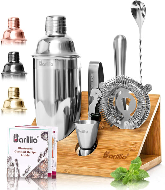 Barillio Bartender Kit - Stainless-Steel Cocktail Shaker Set with Bamboo Stand - Mixology Bar Tools w/Shaker, Drink Mixer Spoon & Muddler for Cocktails - Home Bar Accessories - 10-Pc Bar Set - Silver - Silver