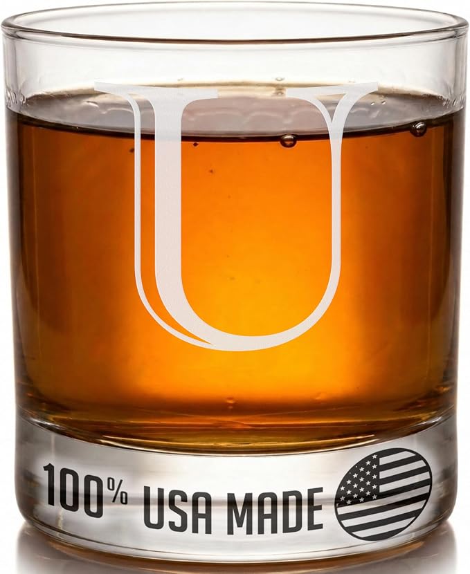 Etched Monogram 11oz Whiskey Rocks Glass (Letter J), A-Z Customized Bourbon Gifts for Men, Father’s Day, Personalized Old Fashioned Scotch Glass, Custom Engraved Gifts for Him, Initial, Name - Clear Etch U