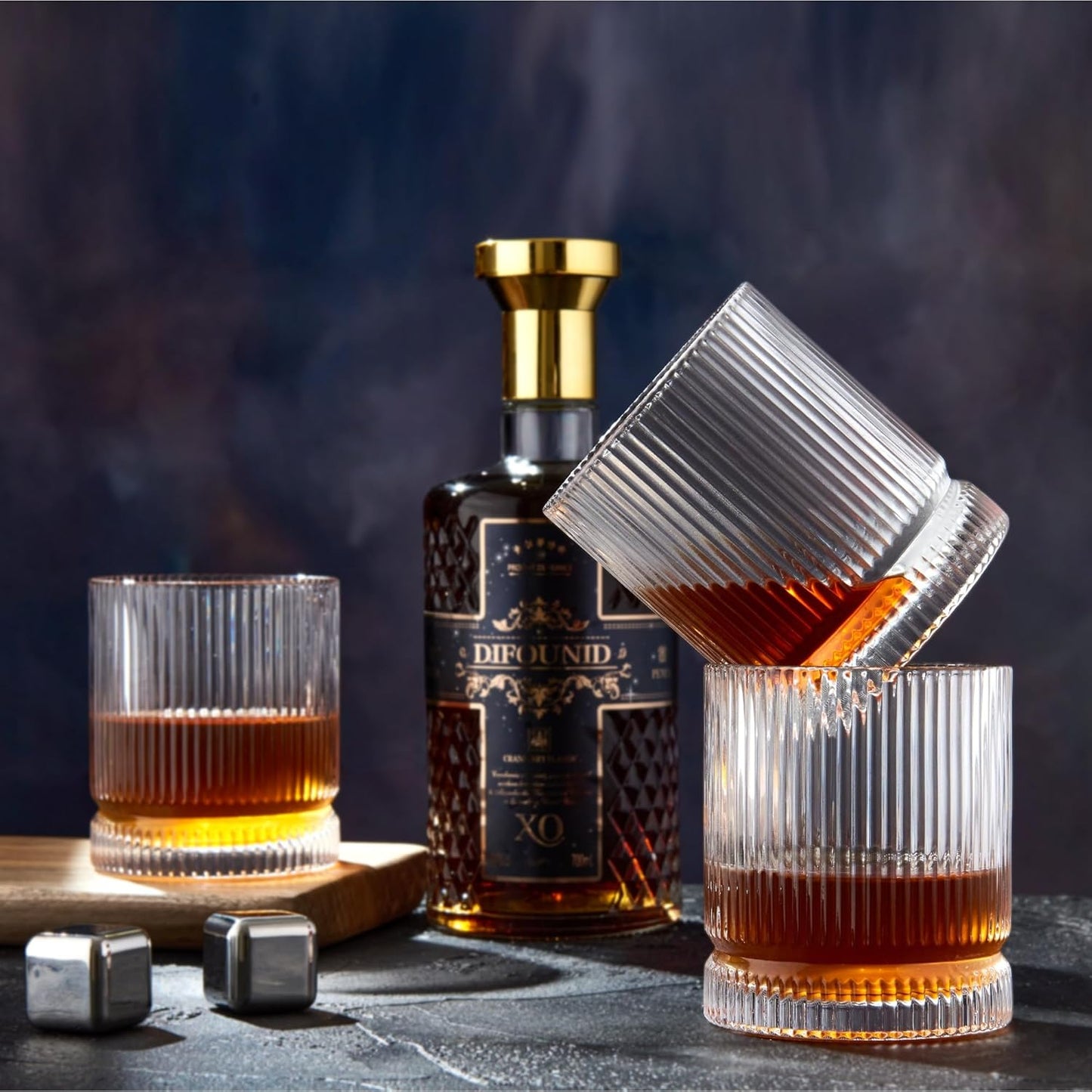 Ribbed Whiskey Glasses Set of 4, 12 Oz Lead-Free Crystal Heavy Base Barware Glass, Perfect for Bourbon Rocks Cocktail Scotch Drinking