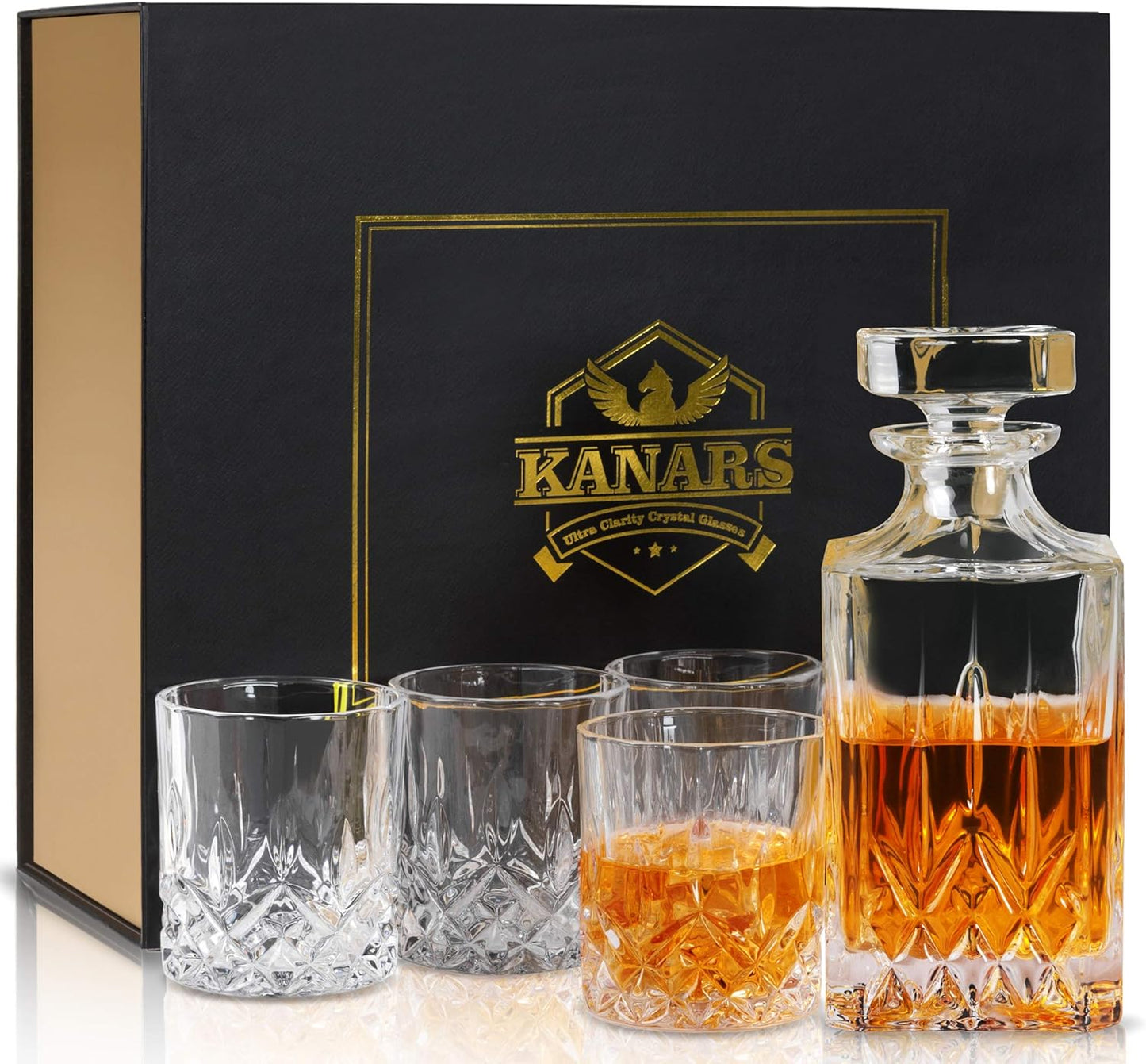 KANARS Whiskey Decanter And Glasses Set in Unique Gift Box - Original Crystal Liquor Decanter Set For Bourbon, Scotch, Vodka, Rum or Whisky, 5-Piece, Gifts for Men Dad
