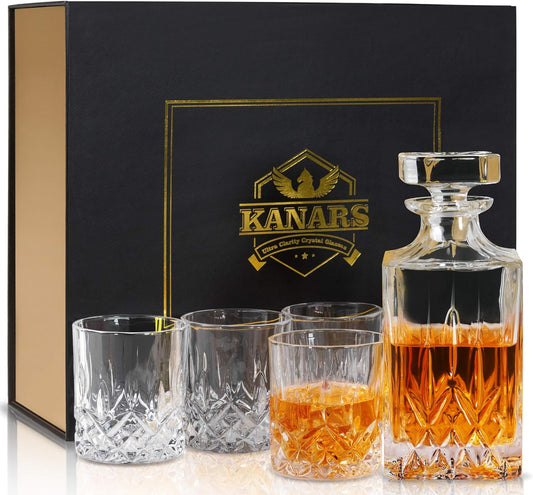 KANARS Whiskey Decanter And Glasses Set in Unique Gift Box - Original Crystal Liquor Decanter Set For Bourbon, Scotch, Vodka, Rum or Whisky, 5-Piece, Gifts for Men Dad