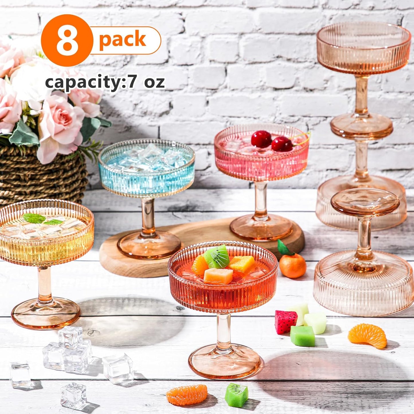 Teenyyou 8 Pcs Ribbed Vintage Coupe Glasses 7 oz Martini Glasses Champagne Coupe Classic Cocktail Glassware Reusable Ribbed Glassware for Cocktail Martini European Style (Champagne Pink)