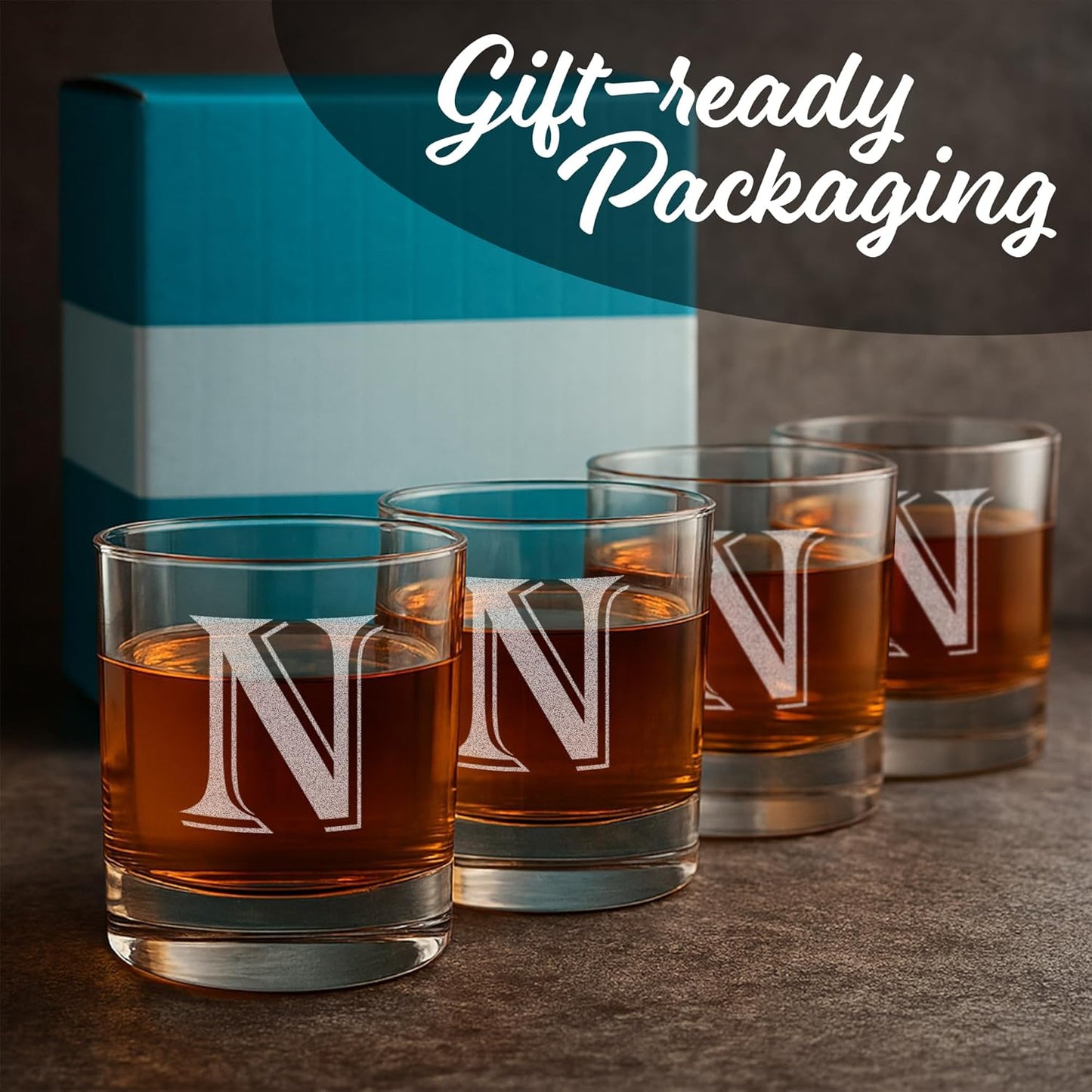 Monogrammed Gifts for Men - 4PC 11 Oz Custom Whiskey Glasses (N-Monogram) - Engraved Whiskey Glasses - Personalized Whiskey Glasses - Unique Bourbon Glasses - Personalized Glass Gifts for Dad