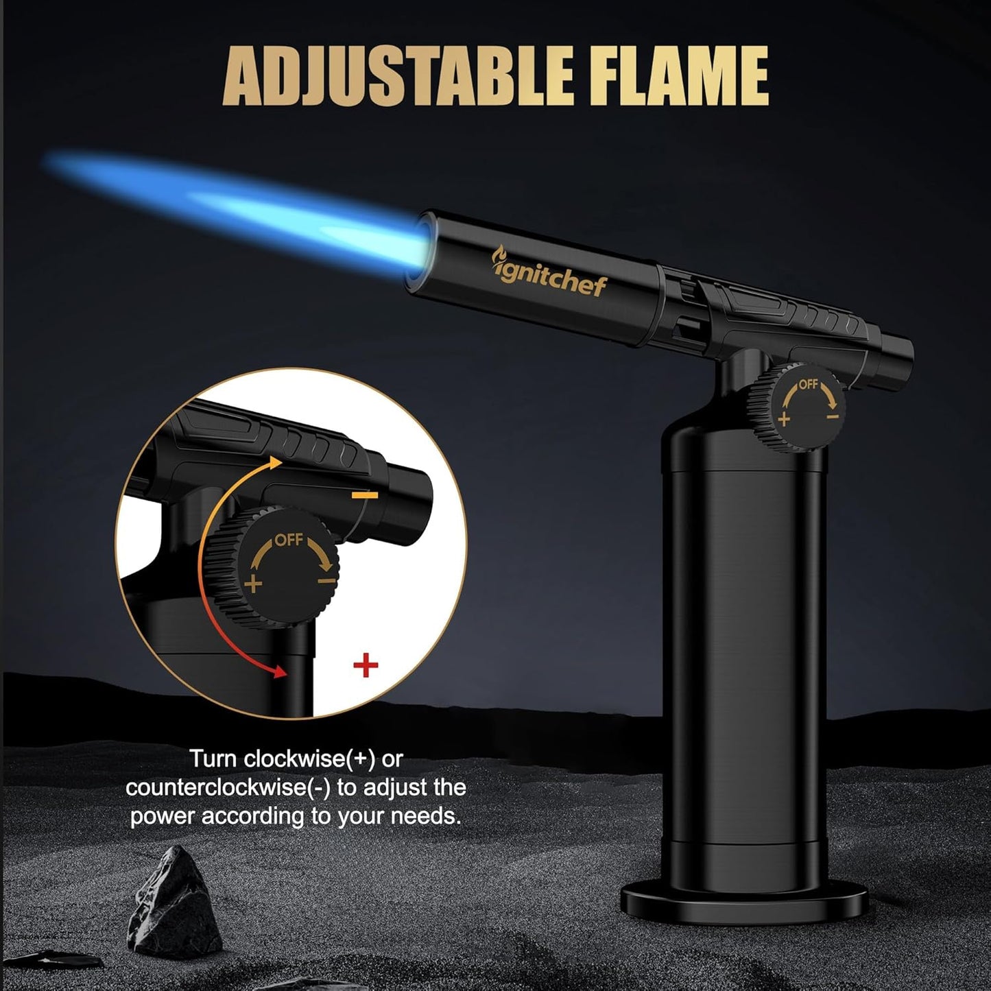 Metal Butane Torch Lighter, Refillable Kitchen Torch, Creme Brulee Torch with Adjustable Flame, Continuous Mode for Grilling Steaks, Barbecuing (PHQ-408-New)
