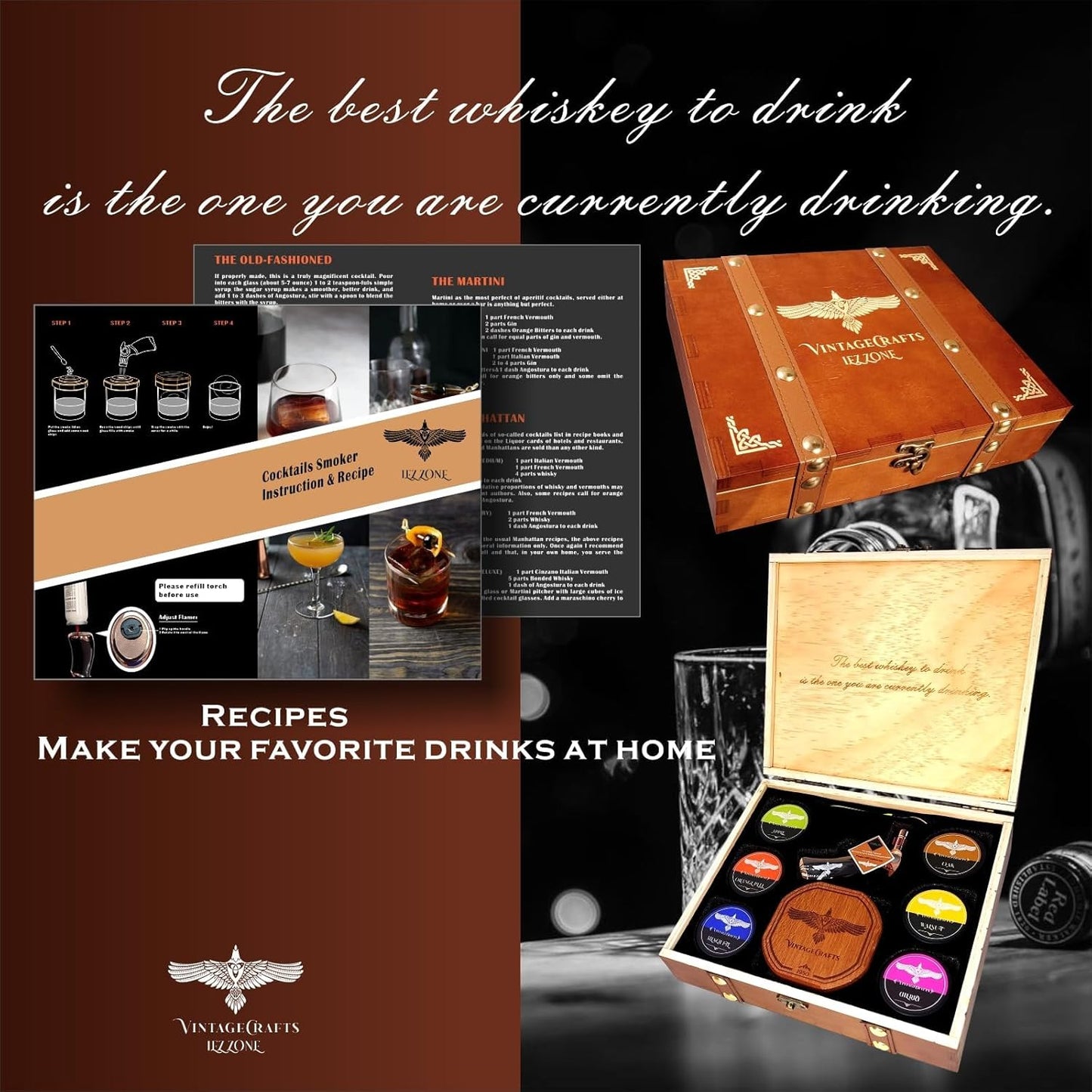 Whiskey Smoker Kit with Torch, Drinks| Cocktail Smoker Kit| Bourbon Smoker Kit with Torch,6 Flavor of Wood Chips,Old Fashioned Smoker Kit,Smoked Whisky Gift for Father's Day (No Butane Incl.)