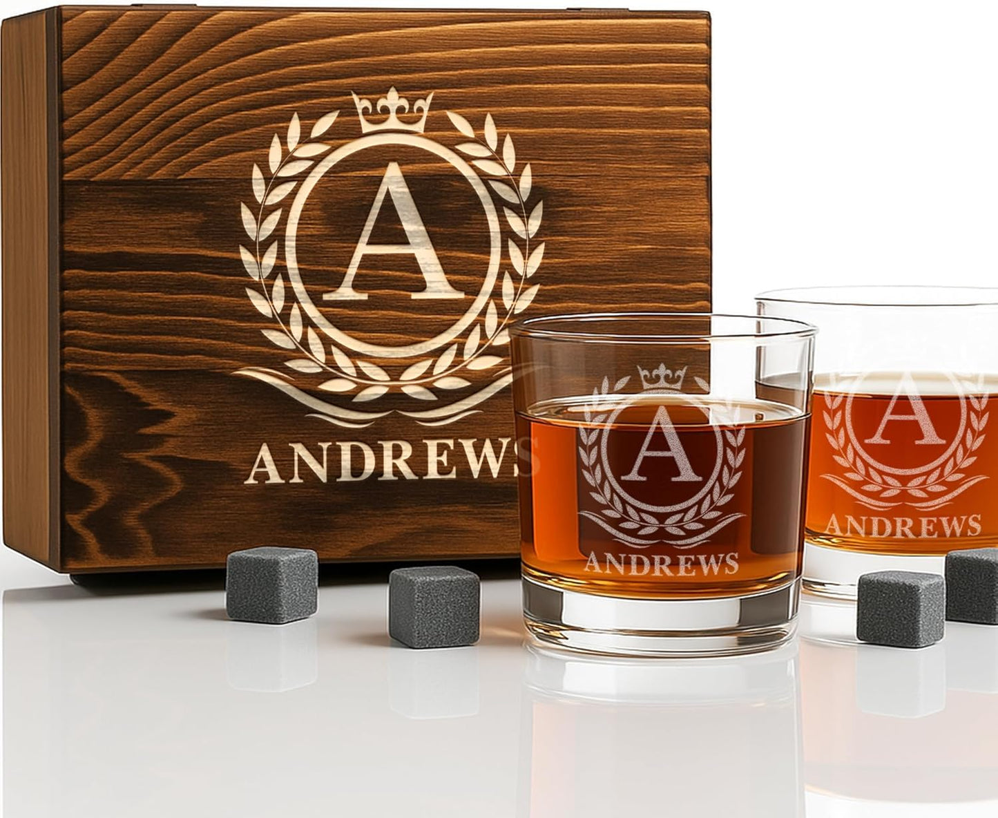 Personalized Vintage Birthday Whiskey Gifts for Men - 11 oz Engraved Bourbon Glass - Set of 2 Vintage Whiskey Cup in Wooden Box - 4 Designs Custom Scotch Glass Gift For Him (Name Monogram)