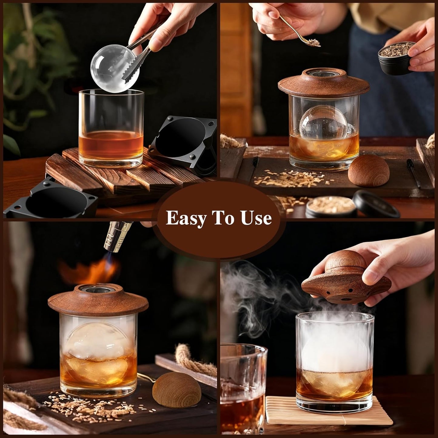 Whiskey Smoker Kit with Torch –Old Fashioned Smoker Kit for Bourbon & Whiskey – Drink Smoker Set with Wood Chips– Gift for Men, Dad, Husband/Father (1，Smoker Kit & Ice Ball Molds & Glasses)