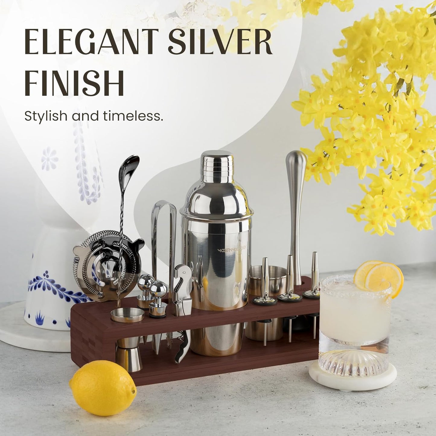 Modern Mixology 21-Piece Cocktail Shaker Set with Stand, Bartender Kit for Home Bar Accessories: 24oz Martini Shaker, Jigger, Strainer, Bar Spoon, Tongs, Opener, Muddler (Silver, Dark Brown Stand)