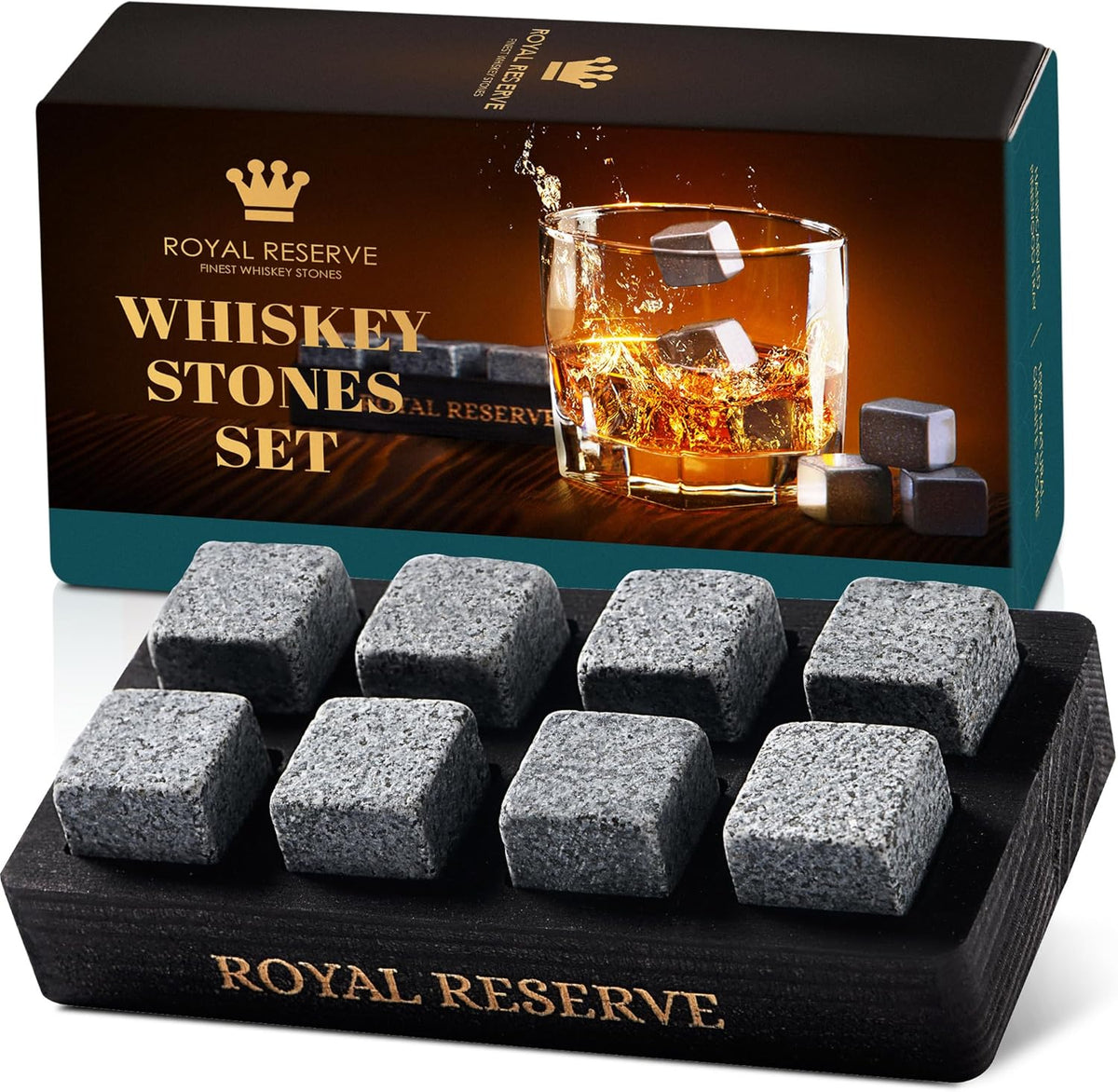 Whiskey Stones Gift Set for Men, 8 Granite Chilling Rocks with Wooden Tray - Black Tray