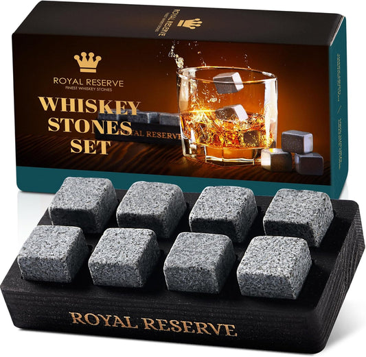 Whiskey Stones Gift Set for Men, 8 Granite Chilling Rocks with Wooden Tray - Black Tray