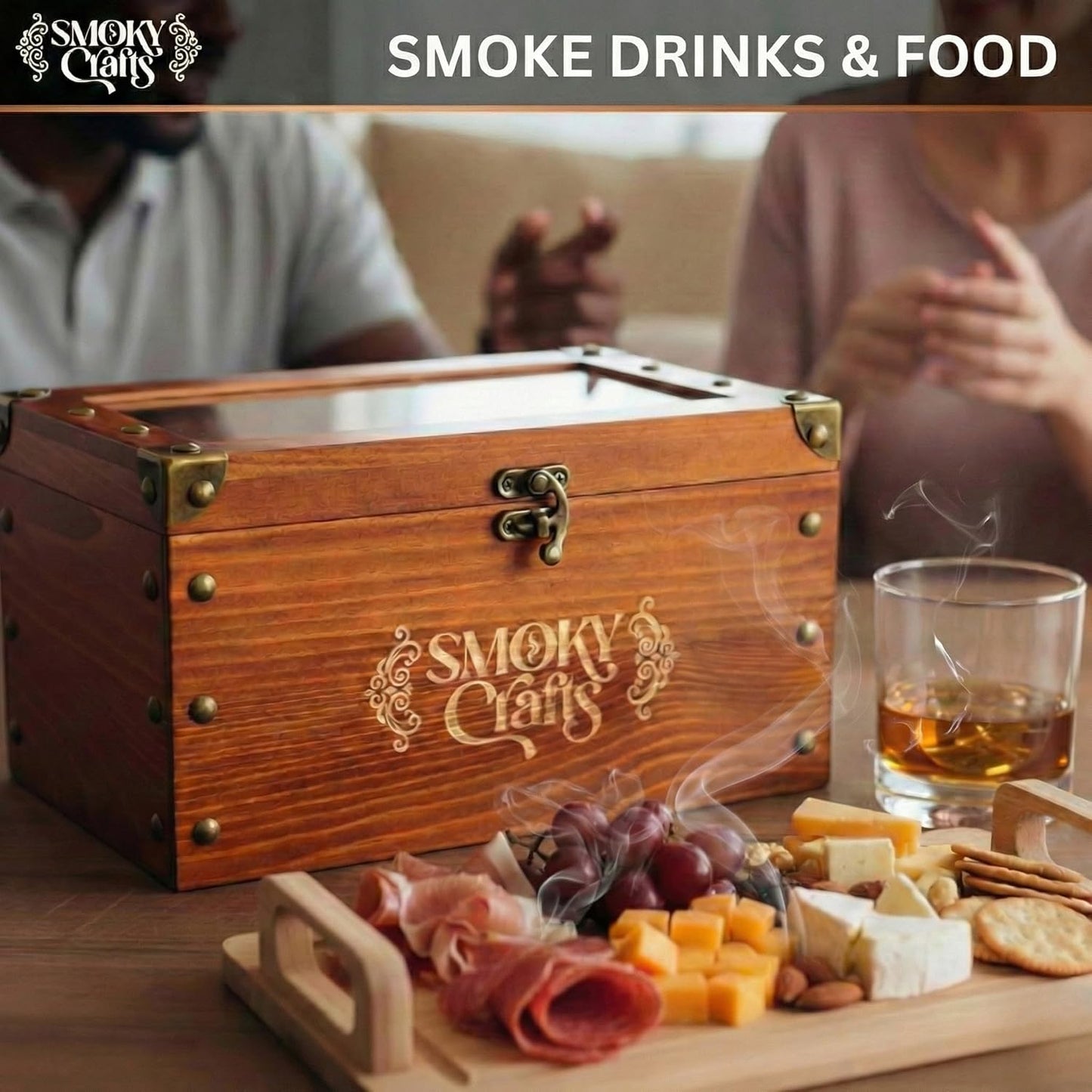 Smoky Crafts Whiskey Smoker Kit with Updated Smoke Gun, Cocktail Smoke Box, Food Tray and Wood Chips (Apple & Cherry) - Old Fashioned Smoker Kit