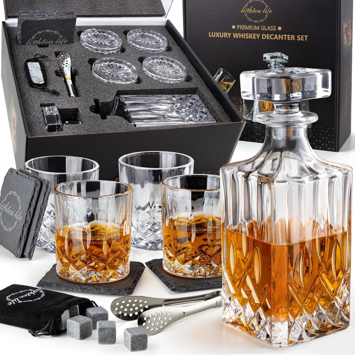 LIGHTEN LIFE Whiskey Decanter Set, Italian Crystal Decanter with 4 Whiskey Glasses in Gift Box - Bourbon Decanter for Scotch, Liquor - Birthday, Anniversary Bourbon Gifts for Men, Dad, Husband - Set of eight