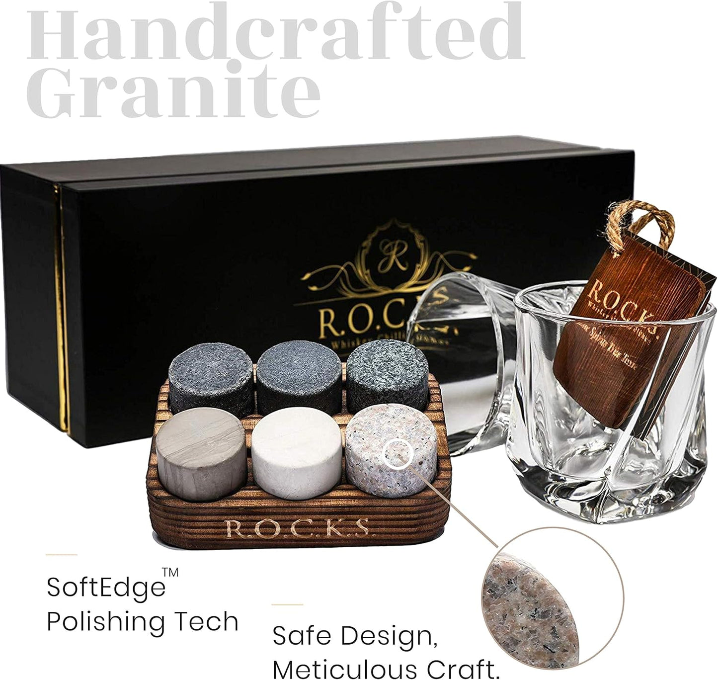 Whiskey Chilling Stones Gift Set - 6 Handcrafted Premium Granite Round Sipping Rocks - 2 Crystal Superior Glasses - Hardwood Presentation & Storage Tray - Elegant Gold Foil Gift Box by R.O.C.K.S.