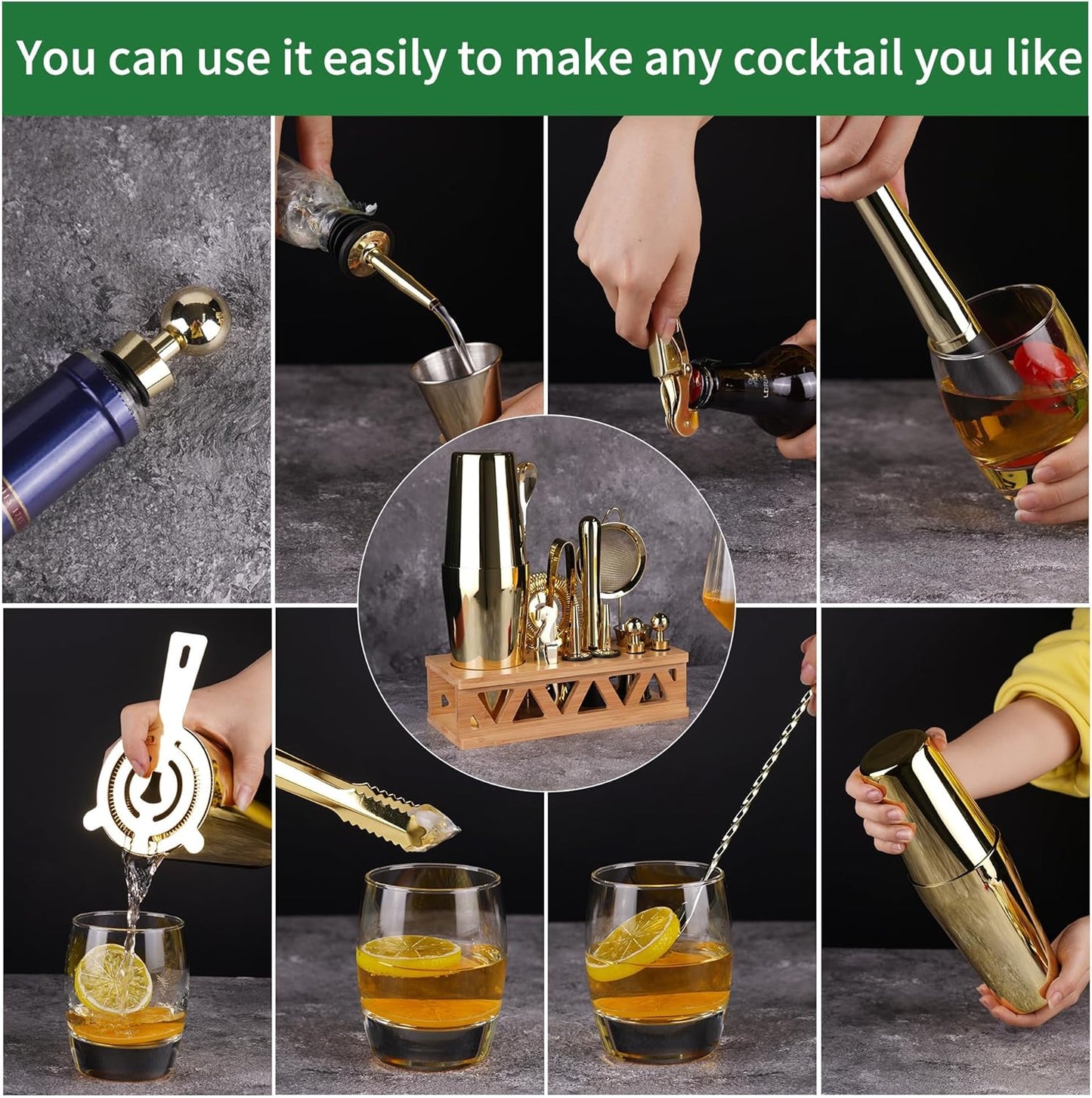 Cocktail Shaker Set, Boston Shaker Bartender Kit with Bamboo Stand,13 Piece Bar Set Stainless Steel Bar Accessories for Drink Mixing, Bar, Home, Party (Gold)