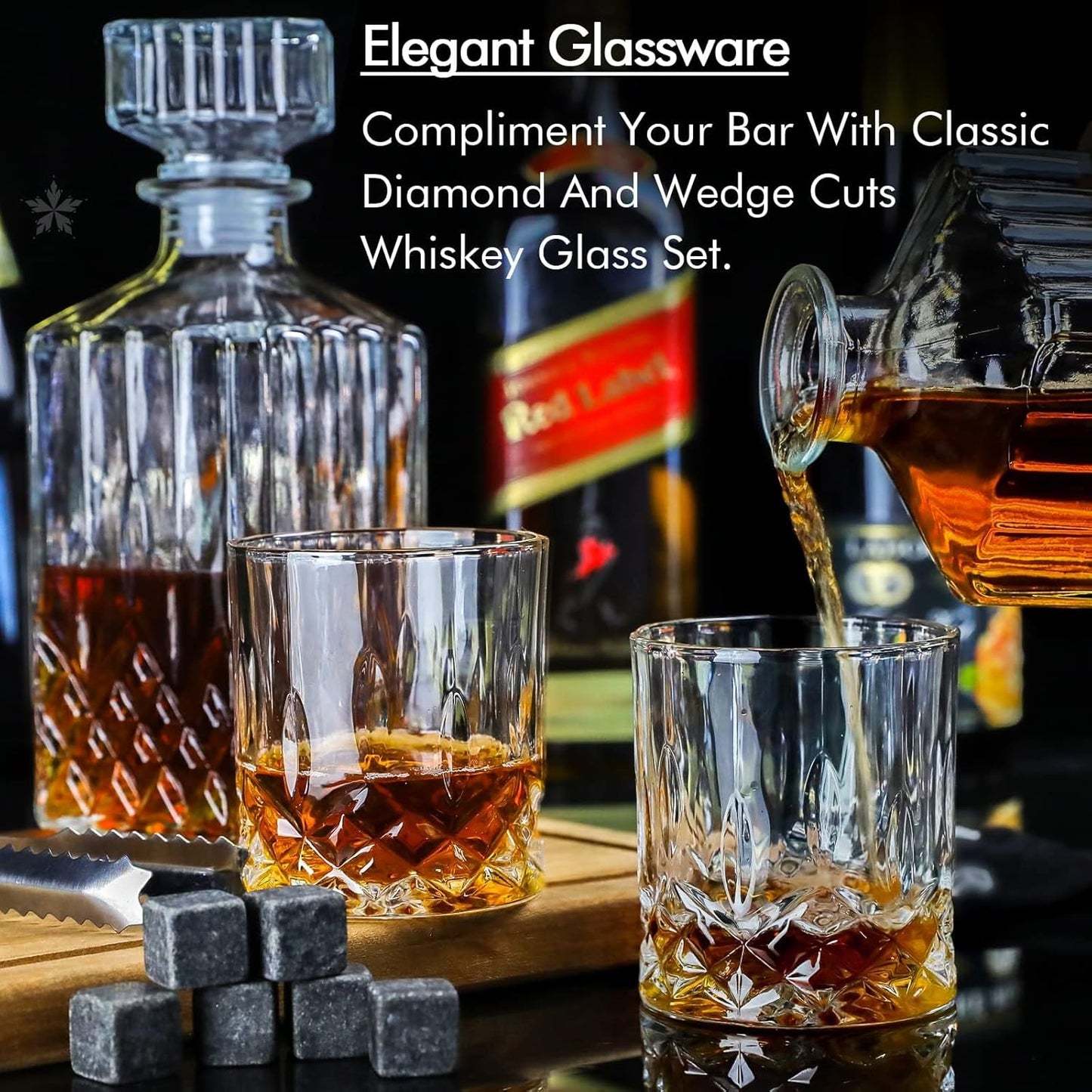 Whiskey Decanter Set for Men, 2pcs Whiskey Glass Cups and 1pcs Glass Decanter with Cooling Stones Clear Whisky Liquor Bottle for Whiskey Bourbon Rum Men Fathers'Gift