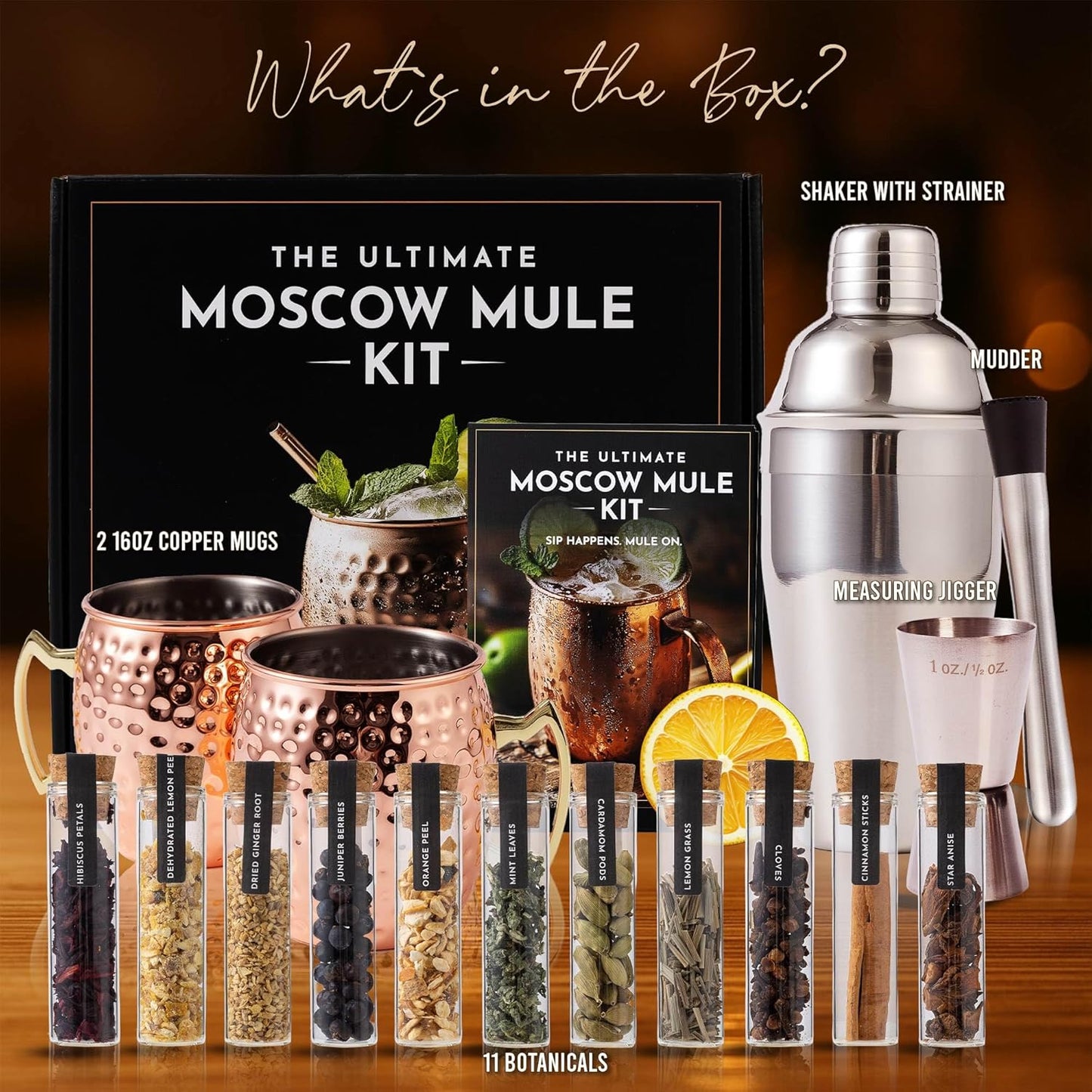 Moscow Mule Kit Gift Set - 2 Copper Mugs - 11 Botanicals - Stainless Steel Shaker & Jigger - Mudder - Recipe Book - Moscow Mule Cocktail Kit - Valentine Gifts for Women - Accessories for Infusion