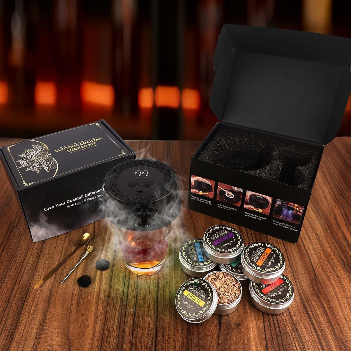 Electric Whiskey Smoker Kit with 6 Wood Chips, Rechargeable Cocktail Smoker Built-in Lighter, Old Fashioned Bourbon Drink Smoker Kit, Fathers Day Birthday Gifts for Men Dad Husband, No Butane Needed