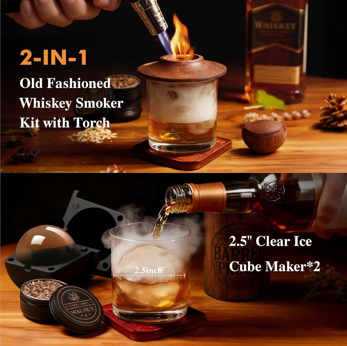 Whiskey Smoker Kit with Torch –Old Fashioned Smoker Kit for Bourbon & Whiskey – Drink Smoker Set with Wood Chips– Gift for Men, Dad, Husband/Father (1，Smoker Kit & 2 Ice Ball Molds & 2 Glasses)