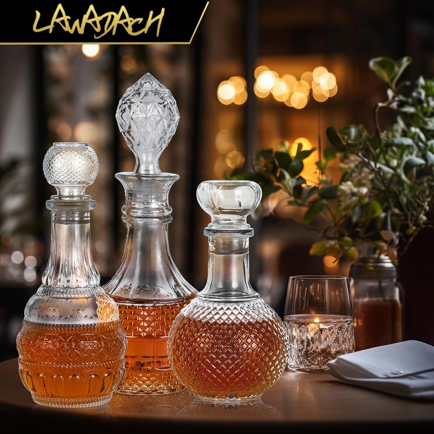 LAWADACH Liquor Decanters Whiskey Decanter Set - Creative Glass Decanter for Liquor,Decanter for Tequila,Bourbon and Vodka Unique Whiskey Presents for Man,Dad and Home Bar Decor(17.6oz*2, 17oz*1)