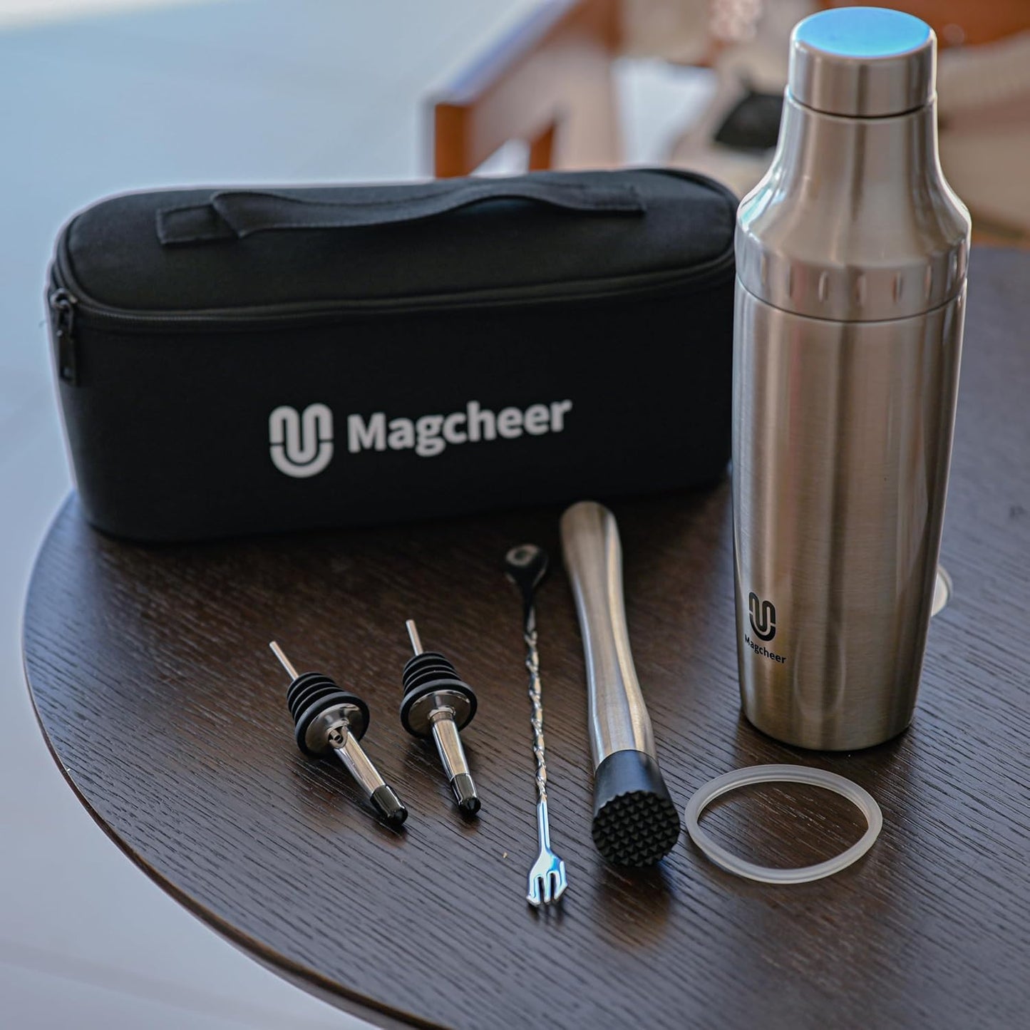 Hybrid Cocktail Shaker Set | Vacuum Insulated Stainless Steel Martini Shaker with Strainer & Jigger Lid | Travel cocktail kit with Bartender Accessory Tools | 30oz | Silver