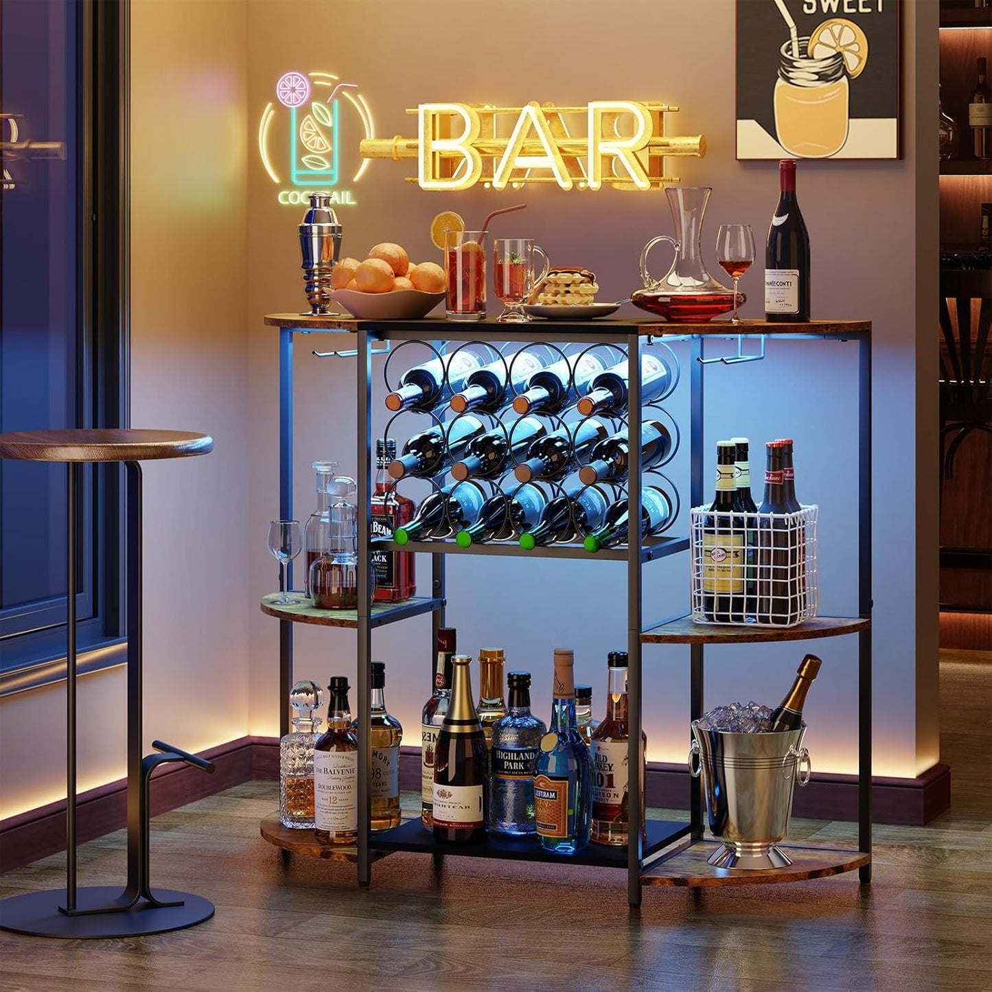 JKsmart Wine Bar Cabinet with LED Lights, Mini Wine Rack with Storage and Glass Holder, Small Home Bar Cart for Liquor, 3-Tier Bar Table for Kitchen, Dining Room, Living Room, Rustic Brown