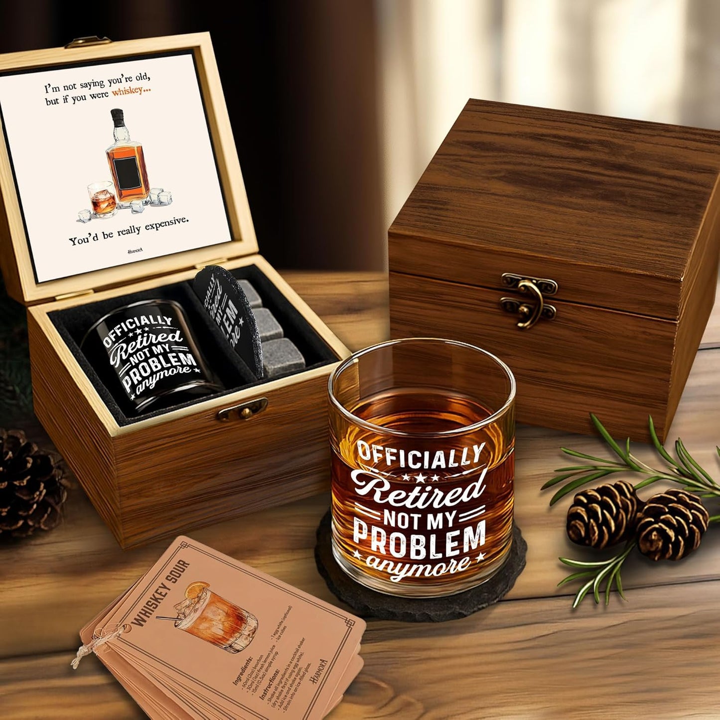 Retirement Gifts for Men Whiskey Glass Set - Retired 2026 - Retirement Party Decorations, Supplies - Gifts Ideas for Him, Dad, Husband, Friends - Wooden Box, Coaster, Recipe Cards & card