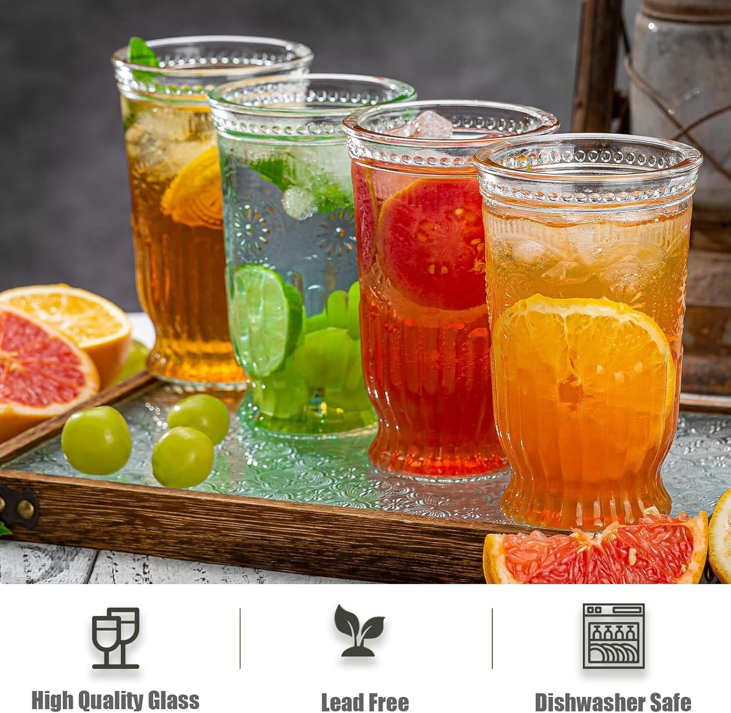 Vintage Drinking Glasses, 12 pcs Embossed Designed Highball Glasses, 16oz Glass Cups, Tall Water Glass Tumbler, Mojito Cup, Cocktail Glass, Vintage Glassware Set for Juice, Cocktail, Whiskey