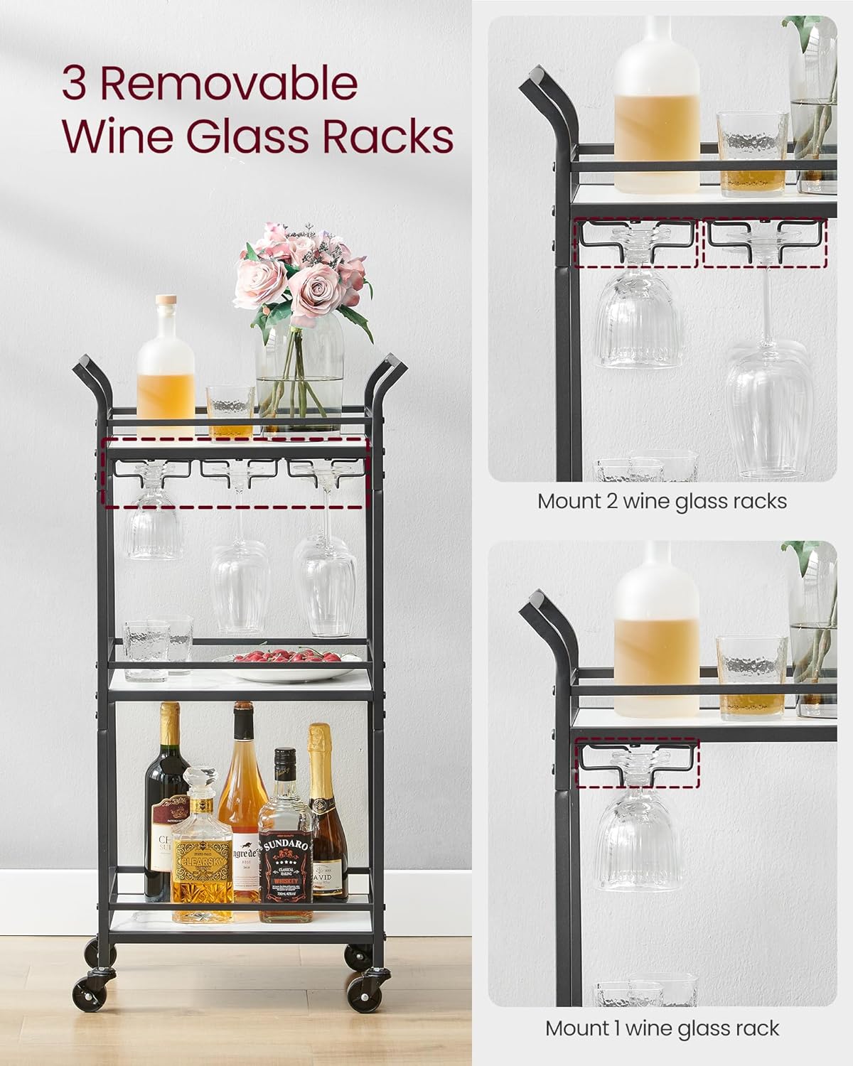 VASAGLE Bar Cart, Home Bar Serving Cart, Small Bar Cart With 3-Tier Shelf, Wine Holders, Glass Holders, Mini Bar Cart for Small Spaces, Kitchen, Dining room, Living Room, Ink Black