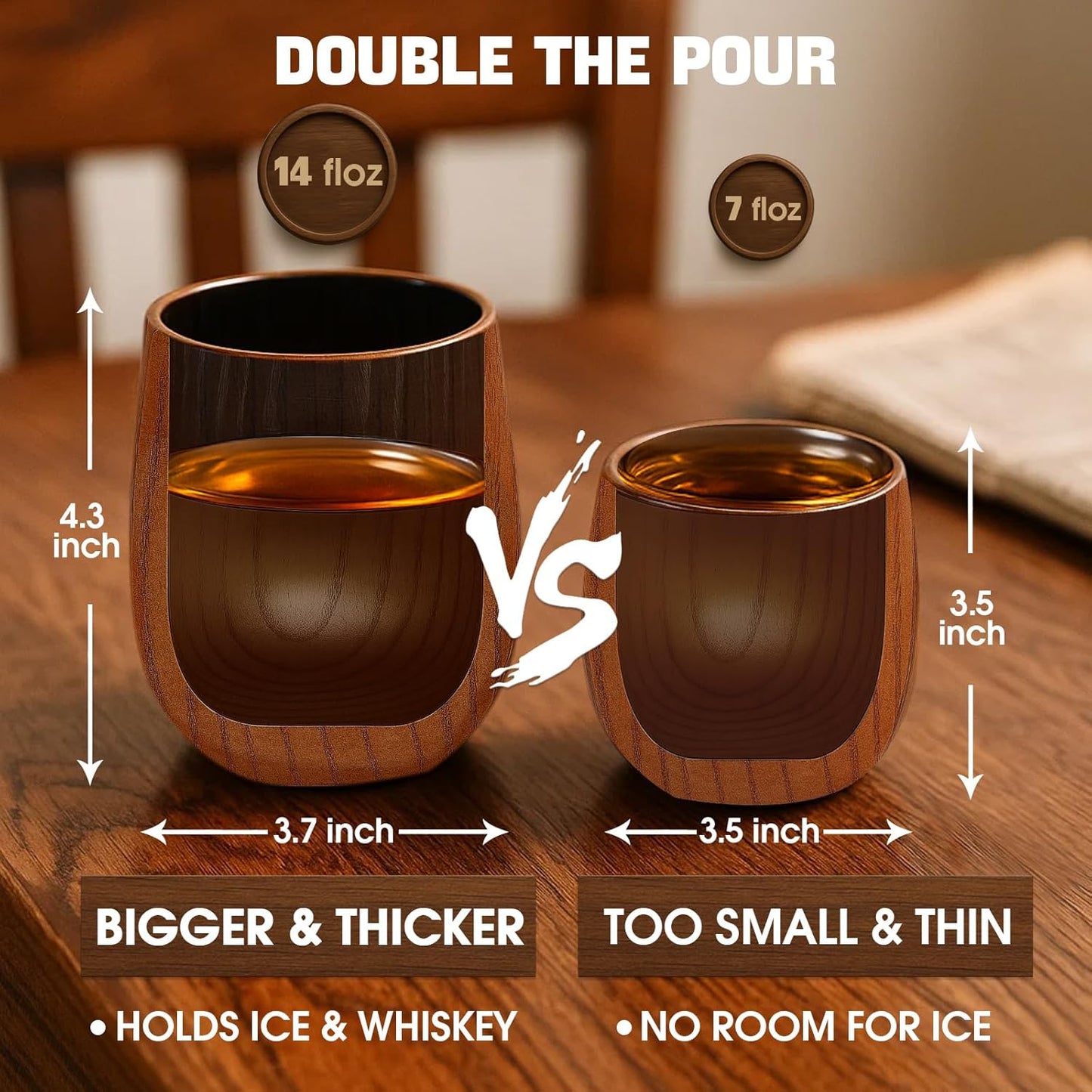Bonteck Large Original Charred Wooden Bourbon Drinking Glass | 14 oz Charred Wooden Old Fashioned Whiskey Glass | Bourbon Gifts for Men, Dad, Boyfriend, or Brother | Whiskey Gifts (1 Pack)