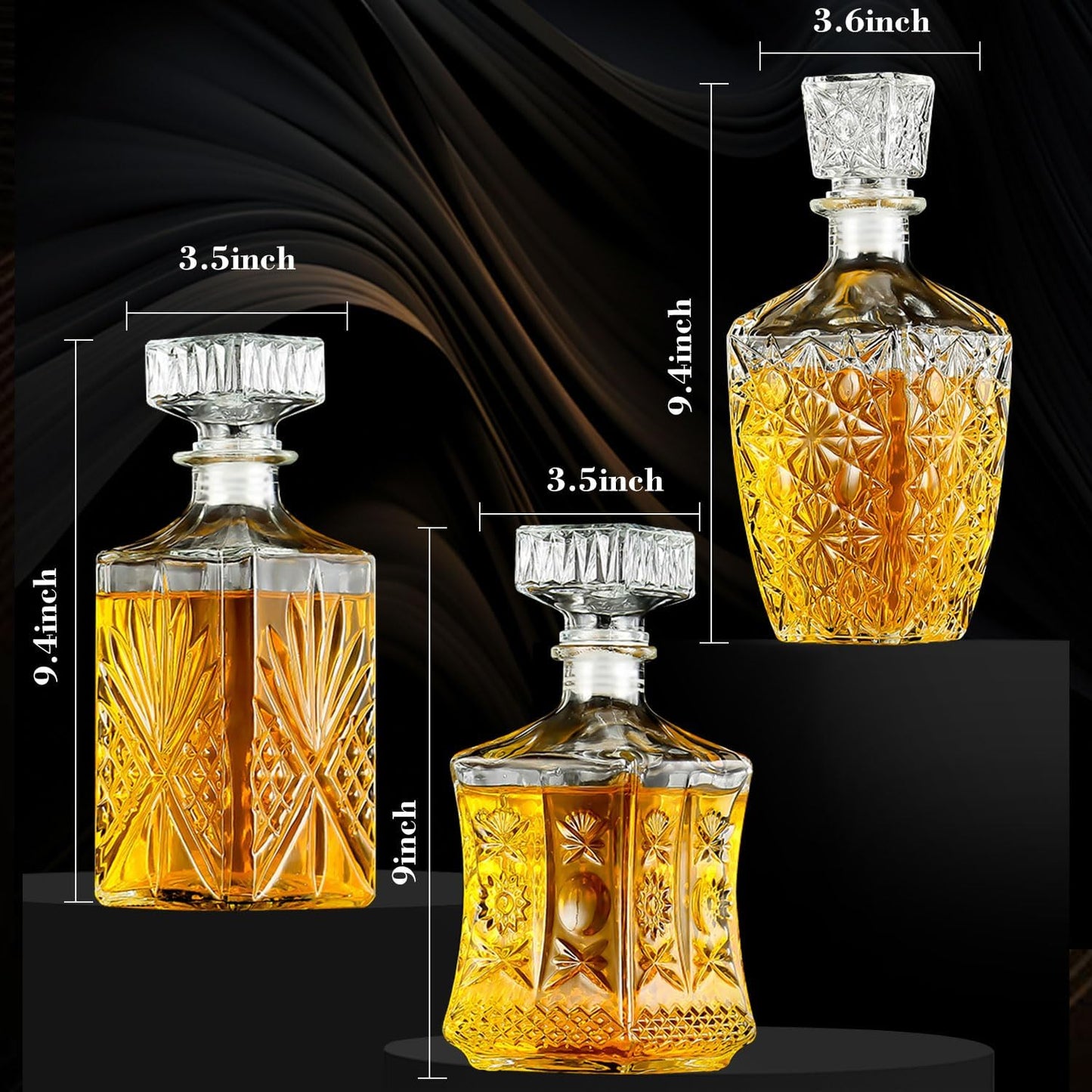 Whiskey Decanter Set of 3, Premium Crystal Spirits Decanter for Scotch, Bourbon, Vodka & Whisky, Ideal Barware & Gift for Men (28oz*2, 31oz*1)