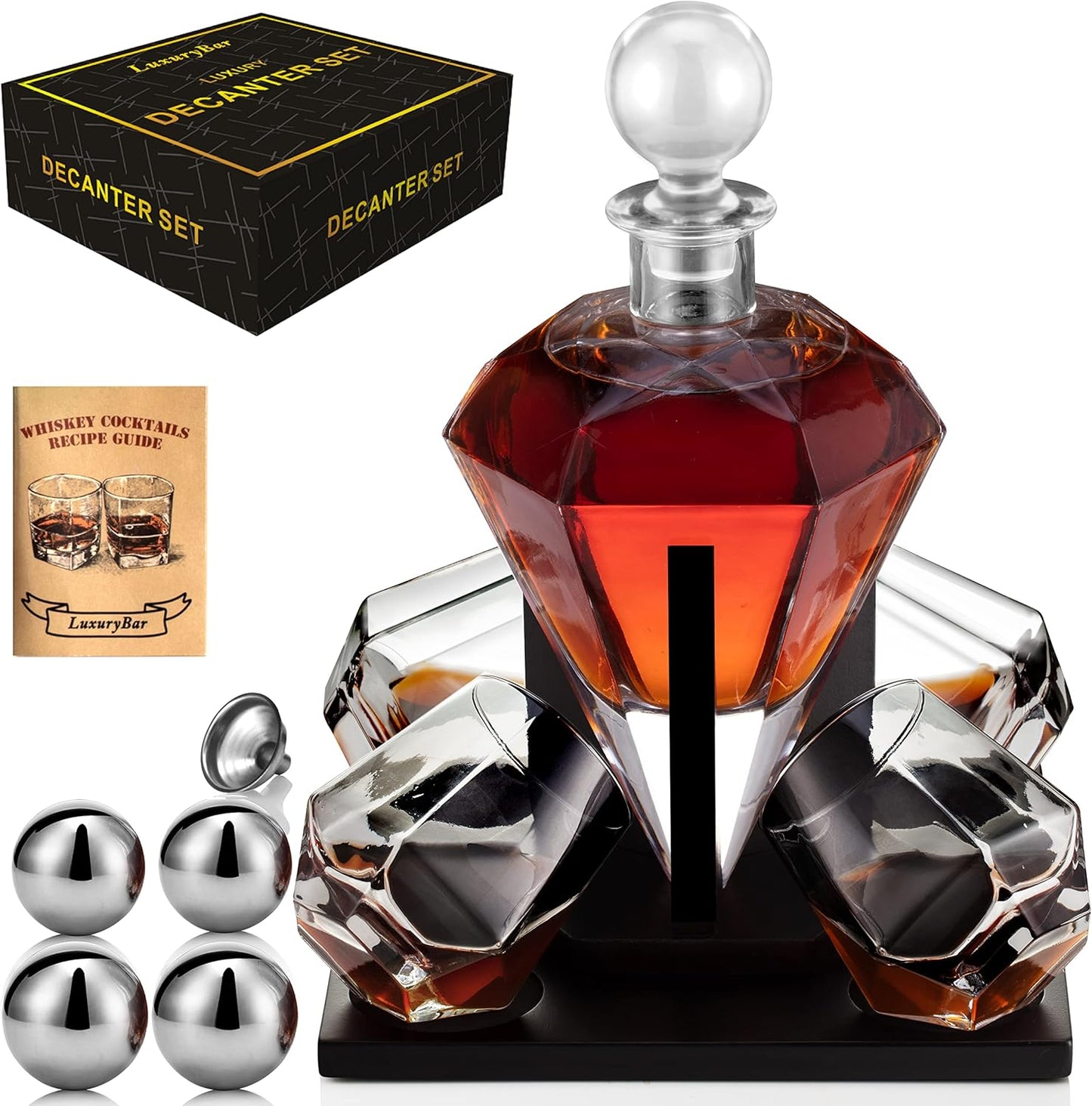LuxuryBar Diamond Whiskey Decanter Sets for Men with ChillBall &Tray, 26oz Whiskey Decanter Set Liquor Dispenser Bourbon Decanter Whiskey Set Gifts for Men