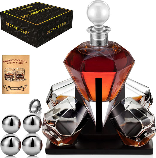 LuxuryBar Diamond Whiskey Decanter Sets for Men with ChillBall &Tray, 26oz Whiskey Decanter Set Liquor Dispenser Bourbon Decanter Whiskey Set Gifts for Men
