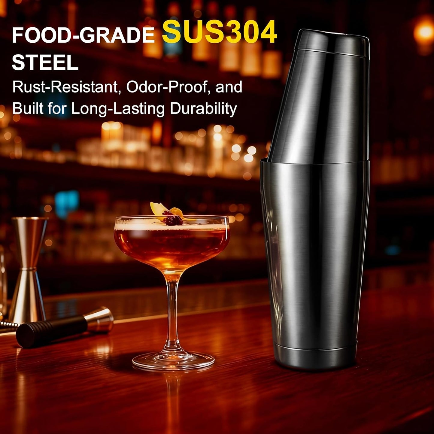 Boston Shaker Set, 18oz & 28oz 2-Piece Tins, Professional 304 Stainless Steel Cocktail Shaker with Leak-Proof Weighted Base for Bartending, Home & Bar Use (Black)