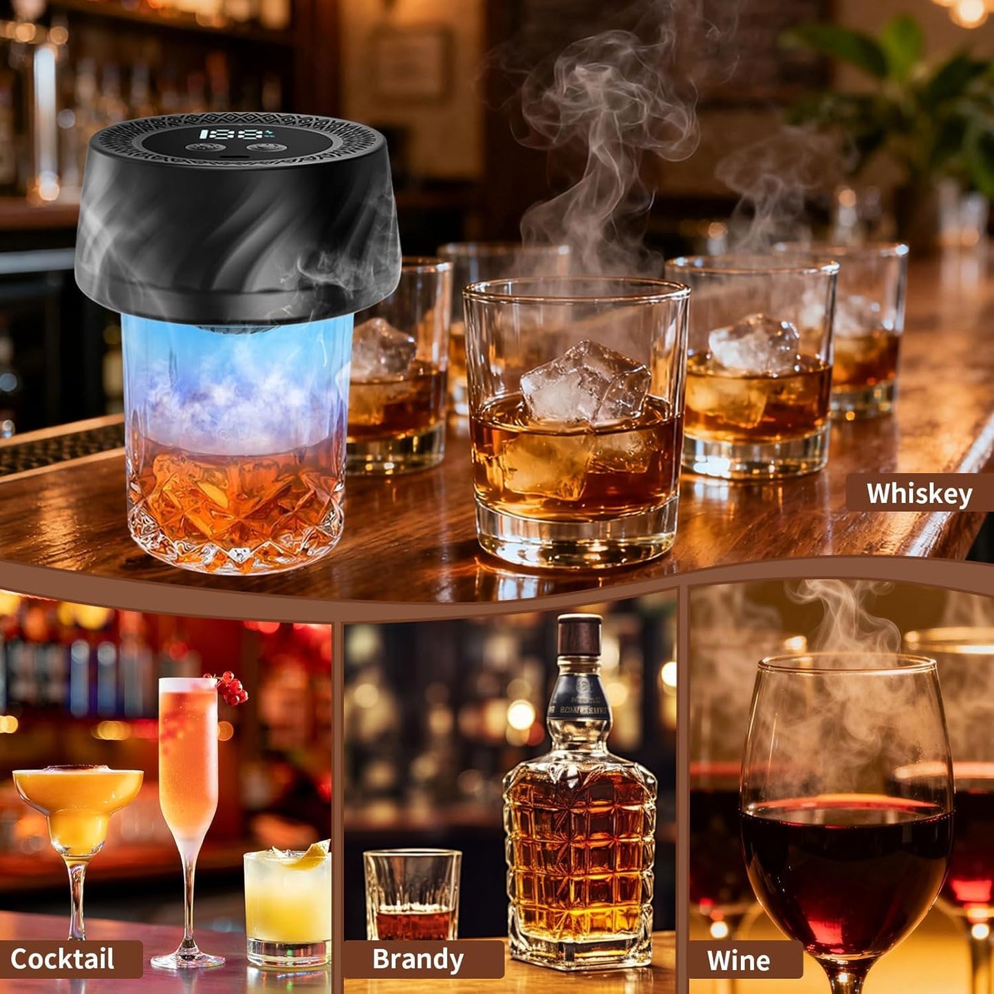 Electric Whiskey Smoker Kit with 6 Wood Chips, Rechargeable Cocktail Smoker Built-in Lighter, Old Fashioned Bourbon Drink Smoker Kit, Fathers Day Birthday Gifts for Men Dad Husband, No Butane Needed