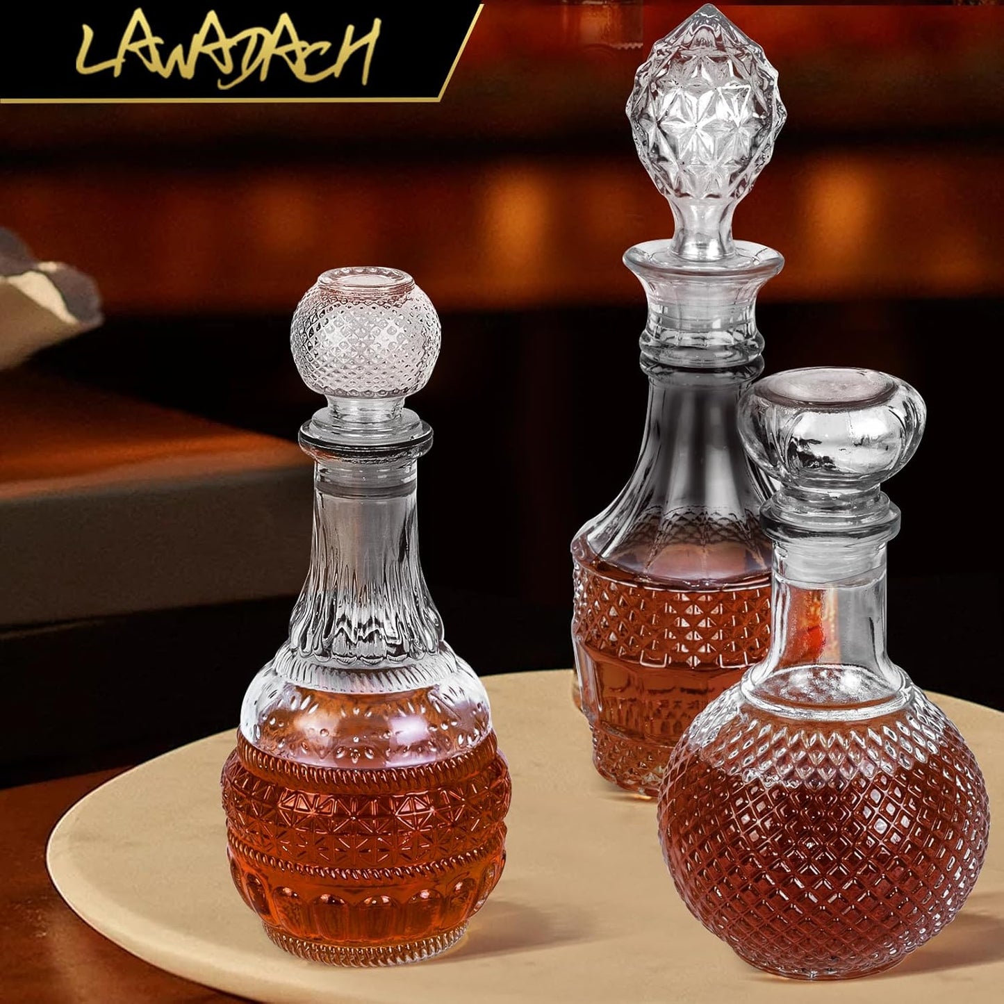 LAWADACH Liquor Decanters Whiskey Decanter Set - Creative Glass Decanter for Liquor,Decanter for Tequila,Bourbon and Vodka Unique Whiskey Presents for Man,Dad and Home Bar Decor(17.6oz*2, 17oz*1)