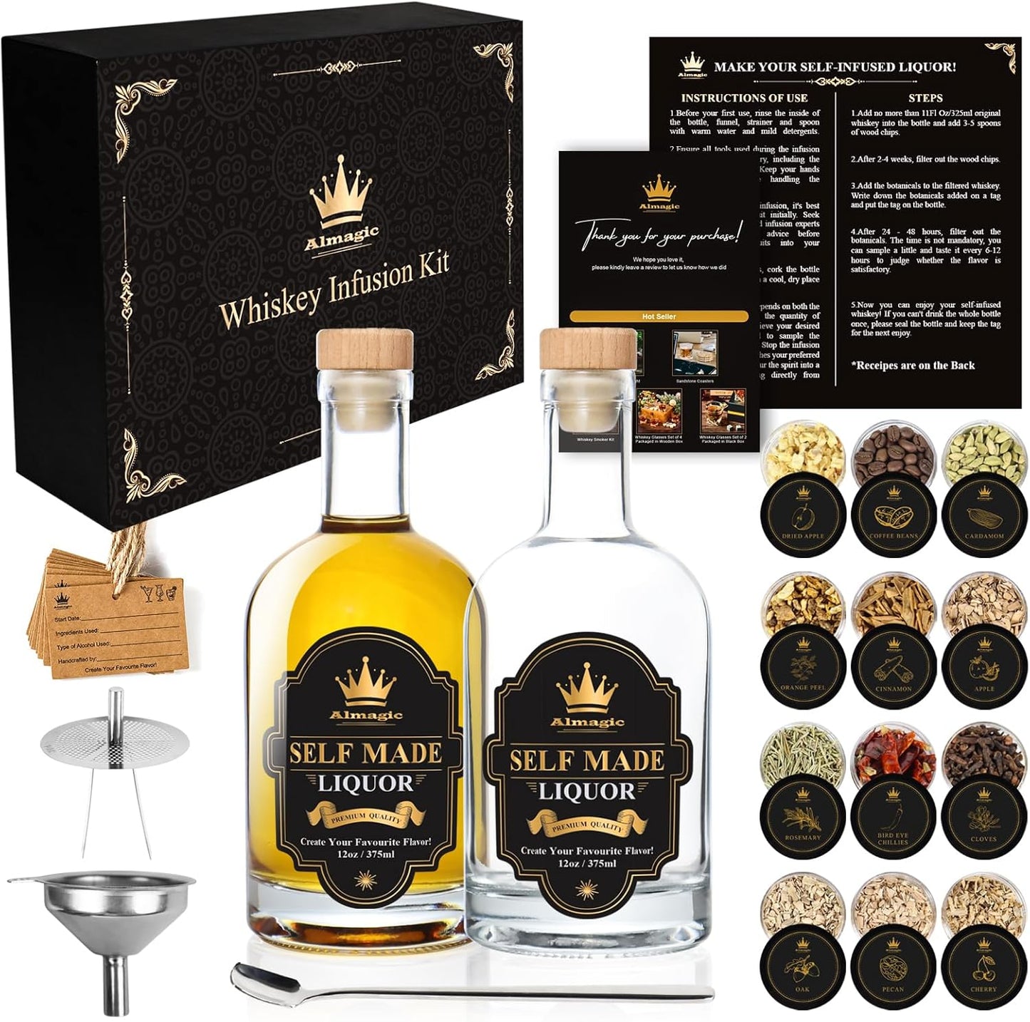 Whiskey Infusion Kit Gift for Men | DIY Whiskey Set to Create Own Flavor | Includes 4 Wood Chips, 8 Ingredients, Complete Tools, and Infusion Recipes, Unique Gifts for Him (Alcohol Not Included)