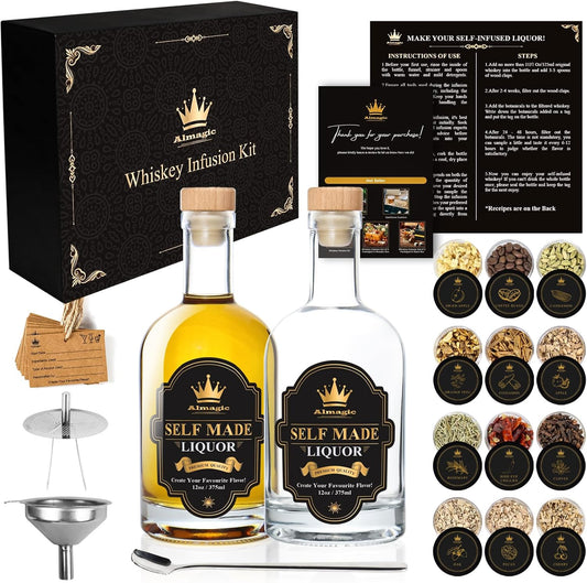 Whiskey Infusion Kit Gift for Men | DIY Whiskey Set to Create Own Flavor | Includes 4 Wood Chips, 8 Ingredients, Complete Tools, and Infusion Recipes, Unique Gifts for Him (Alcohol Not Included)