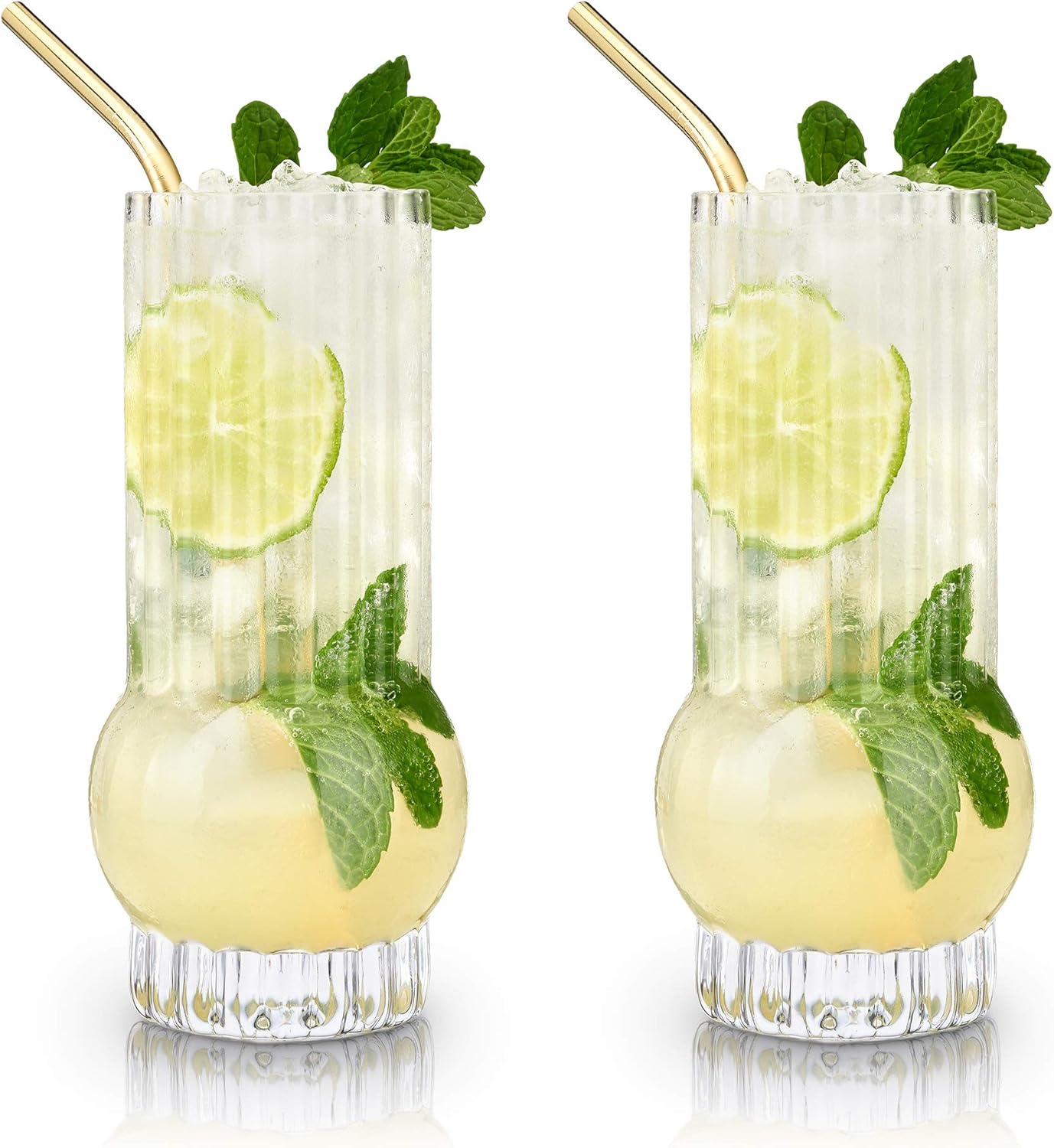 Viski Deco Crystal Island Highball Glasses Set of 2 - Premium Crystal Mojito and Gin and Tonic Glasses, Highball Cocktail Glassware Gift Set, 13 oz