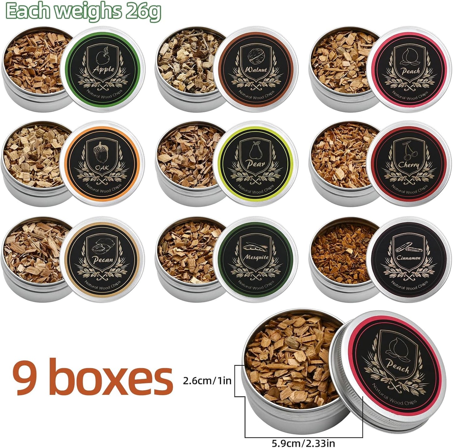 Smoking Wood Chips Cocktail Smoker, 9 Flavors Natural Wood Chips Including Cherry, Apple, Oak, Peach, Walnut, Pear, Pecan, Mesquite, Cinnamon for Husband Father's Gift Smoke Gun Cocktails Drinks Food